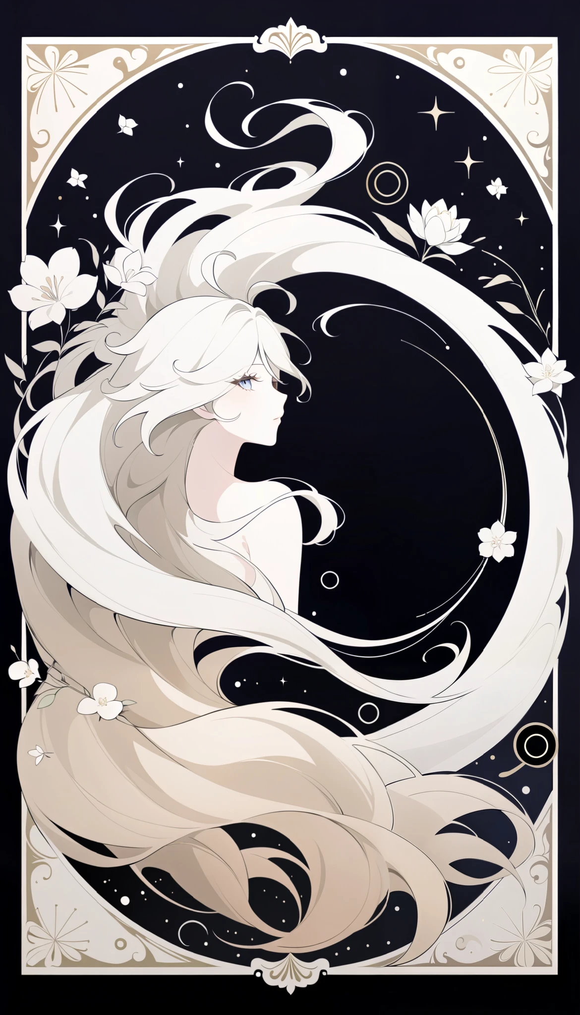 (Anime line drawing:1.5), (inverted colors:1.4), (negative space:1.6), minimalist, dark background, bright glowing lines. Furina from Genshin Impact, graceful mask, serene expression, flowing hair, surrounded by delicate glowing flowers. Add feng shui Earth element: warm brown tones, soft golden glows, terracotta accents, geometric patterns, grounding circles. Elegant, high contrast, gallery poster style, peaceful, stable energy.