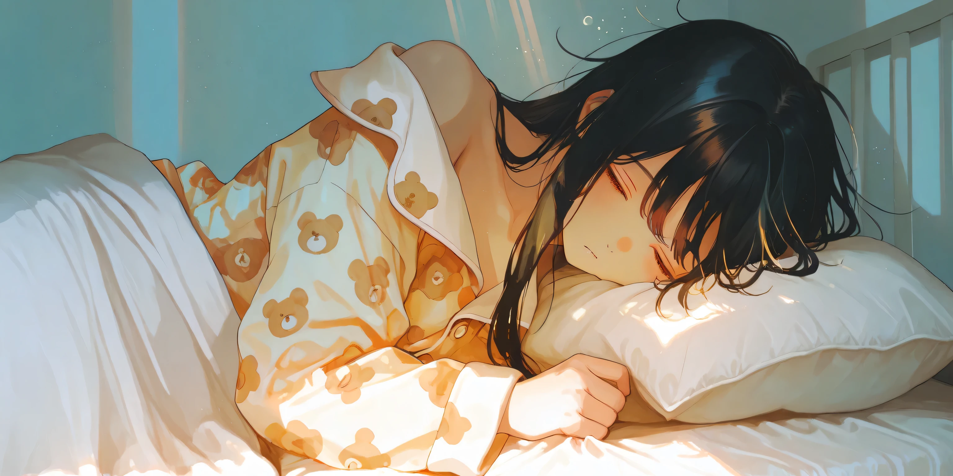 1 WOMAN, FUCHY, LONG BLACK HAIR, WAKING UP, SLEEPY, SLEEPY, LYING ON HER SIDE, HALF CLOTH BLANKET, BLUE BEAR PATTERN PAJAMAS, WHITE SOFT BED, MORNING LIGHT, SOFT SUNLIGHT, OPEN ONE SHOULDER, WARM COLOR BEDROOM