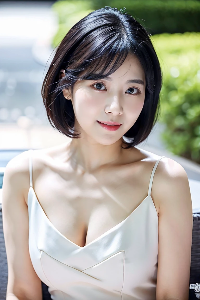 8k, highest quality, masterpiece, Real, graphic, Detailed depiction, Natural light, Japanese female 1 person, 50 years old, Slightly brown-haired, short hair, Y-shirt, (Lean forward to look at the camera on the floor), Detailed pose, On all fours, black flared skirt, Sweater without bra, Shapely bust、she is not wearing underwear、(black dress with wide open chest:1.u can see your cleavage in full、Exposing breasts、Detailed depiction of the chest、A refreshing smile、Friendly smile、Happy emotion smile、The face and skin are very delicate、The eyes are very fine、The face and skin are very delicate、The smile is very delicate、grass、The sky is clear、blue sky、detailed landscape, full body