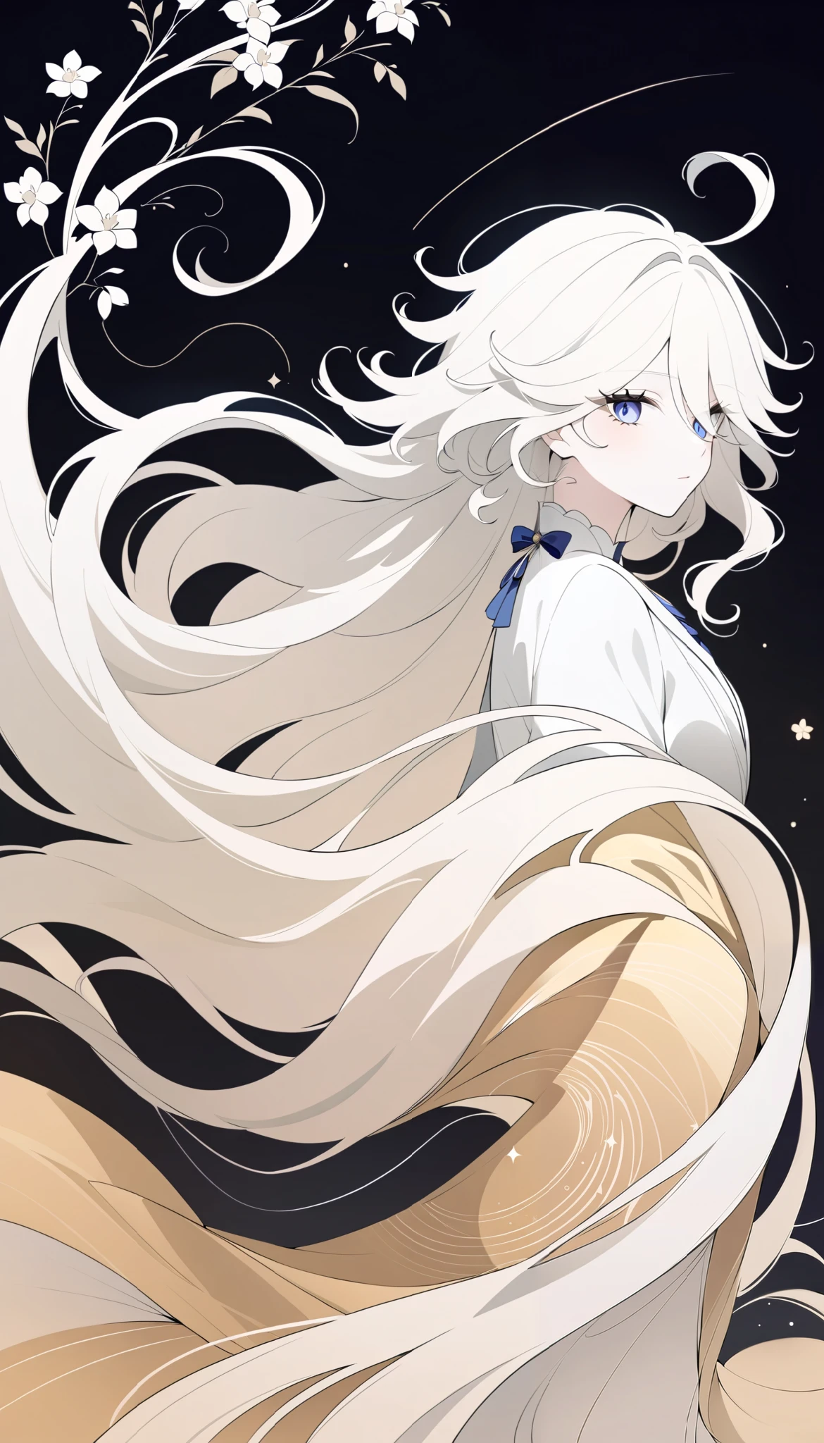 (Anime line drawing:1.5), (inverted colors:1.4), (negative space:1.6), minimalist, dark background, bright glowing lines. Furina from Genshin Impact, graceful mask, serene expression, flowing hair, surrounded by delicate glowing flowers. Add feng shui Earth element: warm brown tones, soft golden glows, terracotta accents, geometric patterns, grounding circles. Elegant, high contrast, gallery poster style, peaceful, stable energy.