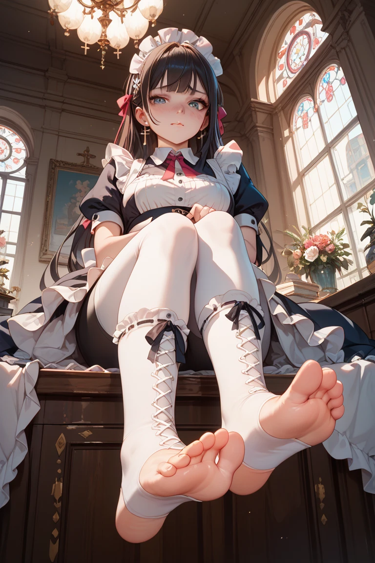 Ultra high precision、high resolution、(Naked girl sitting with her legs thrown out on the floor, looking at the floor:1.4)、Pretty face、black hair、pubic hair is growing、 ((While crying))、smaller breasts、empty eyes　((white mucus dripping from genitals))..、In the ruins、(Burgundy long-sleeved dress with ruffles and lace decoration:1.4)、Flat Pumps、silver hair