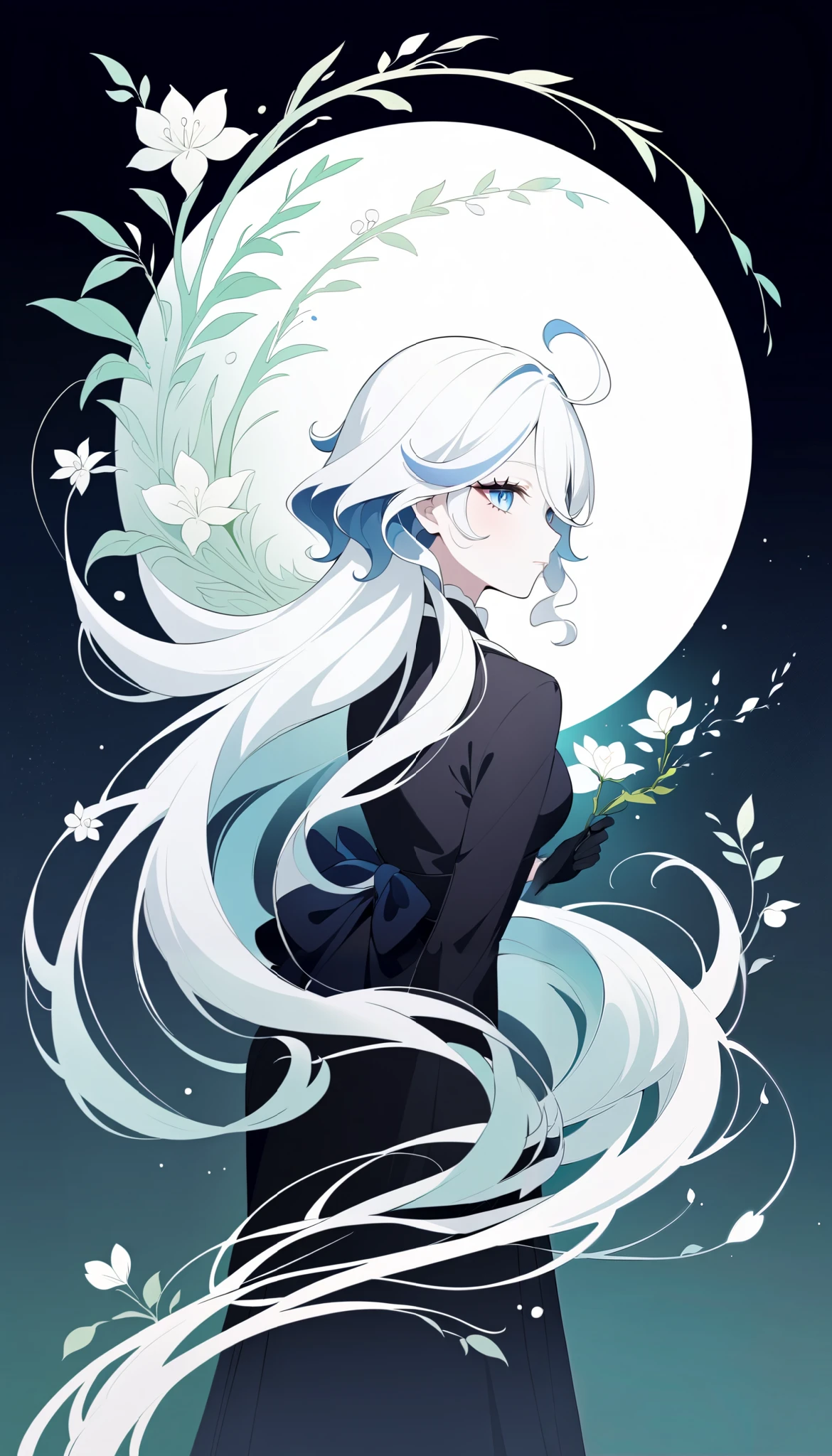 (Anime line drawing:1.5), (inverted colors:1.4), (negative space:1.6), minimalist, dark background, bright glowing lines. Furina from Genshin Impact, serene expression, graceful mask, flowing hair. Surround her with delicate glowing flowers, vines, and leaves. Add feng shui Wood element: emerald green light, soft jade accents, organic curves, tree rings, and blooming energy. Elegant, harmonious, high contrast, spiritual and nature-inspired.