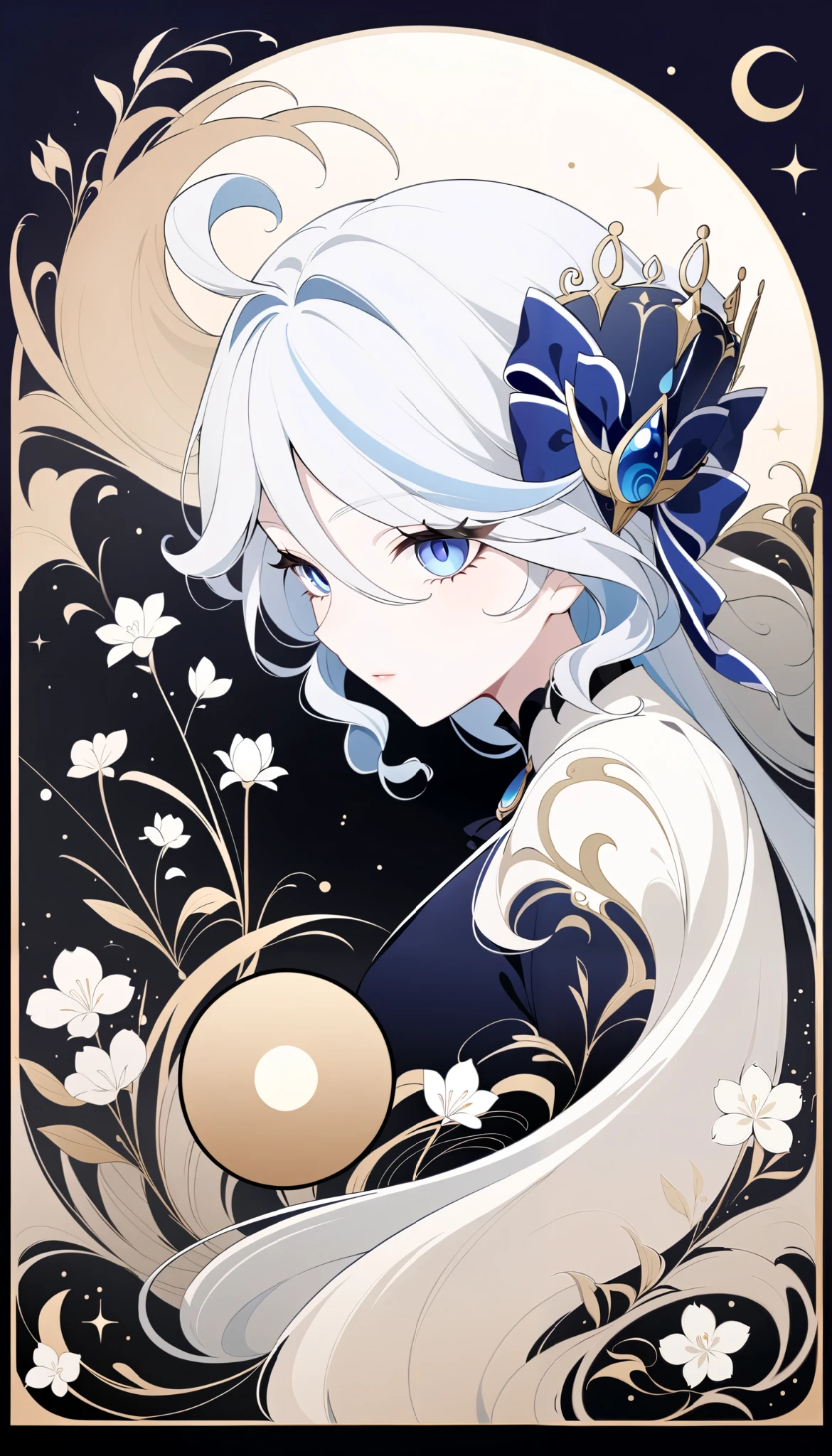 (Anime line drawing:1.5), (inverted colors:1.4), (negative space:1.6), minimalist, dark background, bright glowing lines. Furina from Genshin Impact, graceful mask, serene expression, flowing hair, surrounded by delicate glowing flowers. Add feng shui Earth element: warm brown tones, soft golden glows, terracotta accents, geometric patterns, grounding circles. Elegant, high contrast, gallery poster style, peaceful, stable energy.