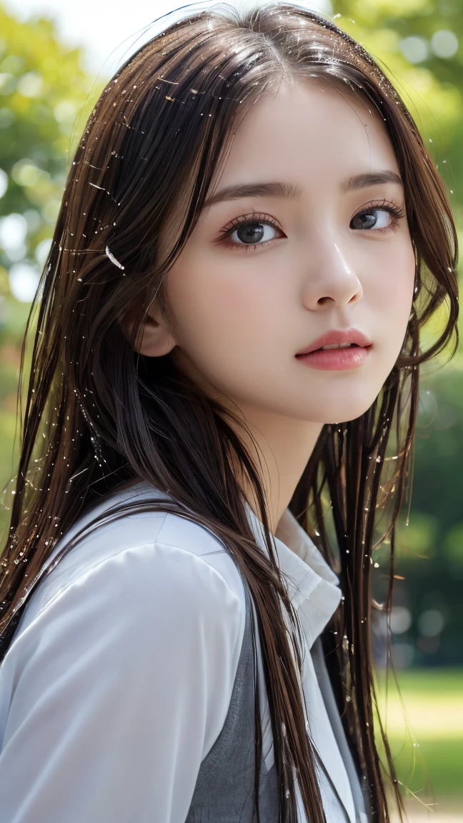 (in 8K、 Raw photography、top-quality,、hight resolution),、(hyper realisitic)、(realisitic),、Soft light、、girl with、Lifelike face、Realistic body、real looking skin、absurderes、masterpiece、Cuties、独奏、Innocent eyes、blusher、Cinema Lights、cherry colored lips、The hair 、a closeup、looking at viewert、 Open lips,、Upper teeth,、(Smiling eyes:0.6)、eyes focus、professionally lit、CG Social Trends、Plastic En、((Black Long Hair))、((Beautuful Women))、(A smile)、Fashionable、((A sexy))、Hair that flutters in the wind、((Flowing hair))、Happy -、fashion magazine、((lighting like a movie))、((grass field))、((Very heavy rain))、stormy、((wetting hair))、((Wet body))、((sodden))、((Sheer underwear))