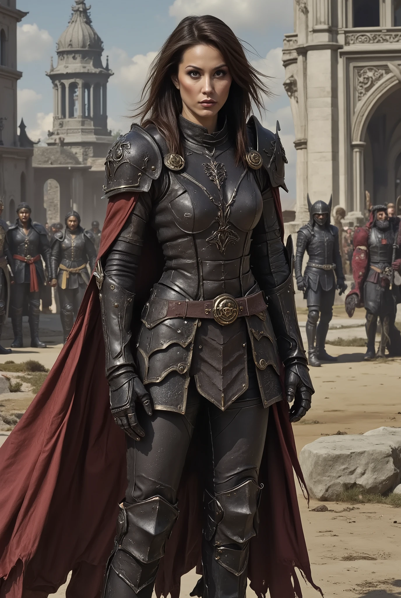 woman in armor, standing on a medieval battlefield holding a banner