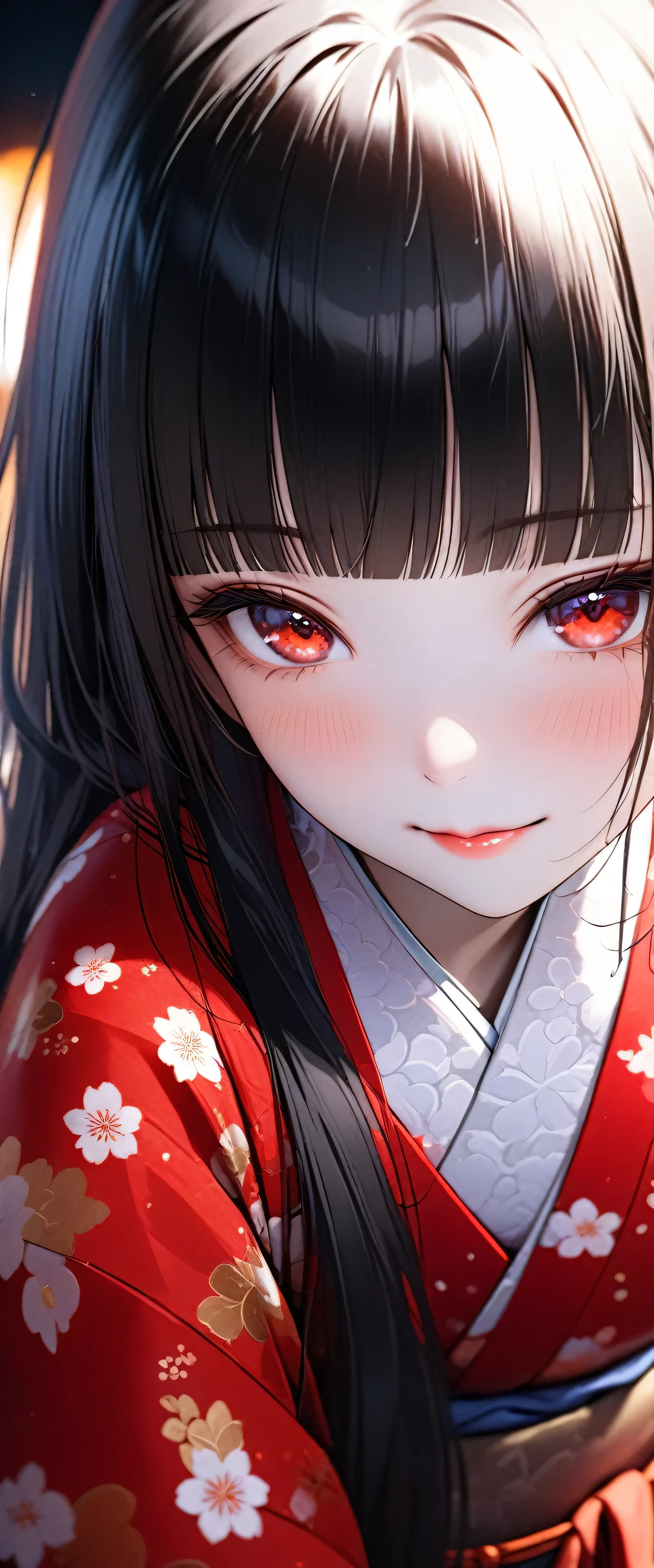 Anime girl with long black hair and red eyes in a kimono - SeaArt AI