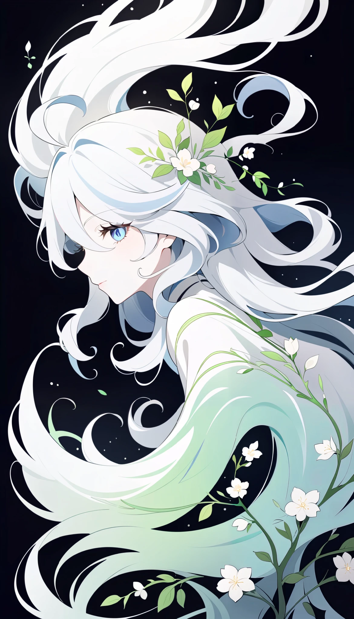 (Anime line drawing:1.5), (inverted colors:1.4), (negative space:1.6), minimalist, dark background, bright glowing lines. Furina from Genshin Impact, serene expression, graceful mask, flowing hair. Surround her with delicate glowing flowers, vines, and leaves. Add feng shui Wood element: emerald green light, soft jade accents, organic curves, tree rings, and blooming energy. Elegant, harmonious, high contrast, spiritual and nature-inspired.