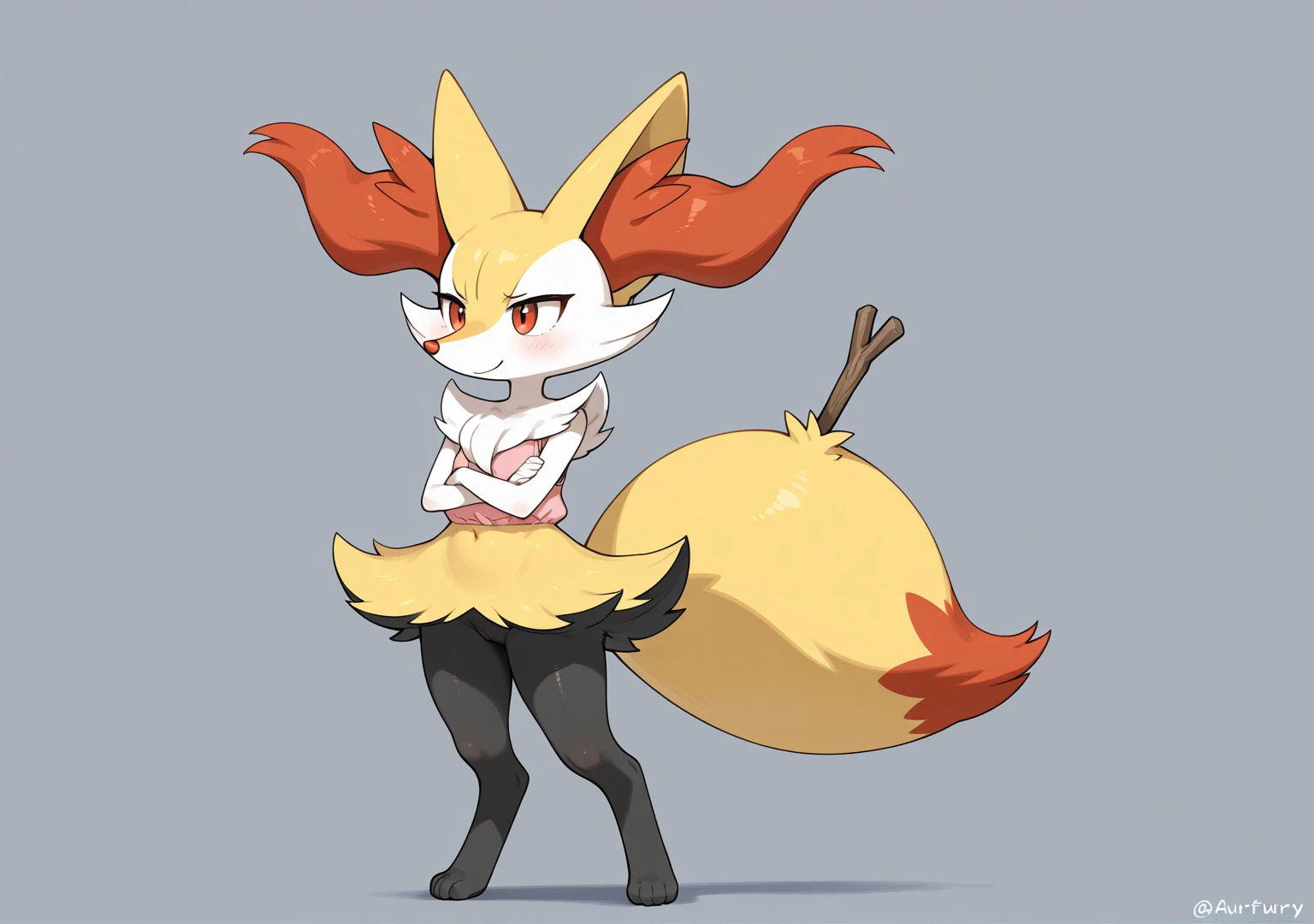 1girl, solo, looking at viewer, red eyes, animal ears, flat chest, standing, , tail, full body, , , , fang,, animal ear fluff, fox ears, pokemon (creature),  fox tail, fox girl, , furry,, fur collar, animal hands, furry female, body fur, white fur, animal nose,  snout, yellow fur, black fur, animal feet, clothed Pokemon , bikini, pawpads, multicolored fur , braixen <lora:Braixen_LoraV2:1>, 8K, masterpiece, beautiful