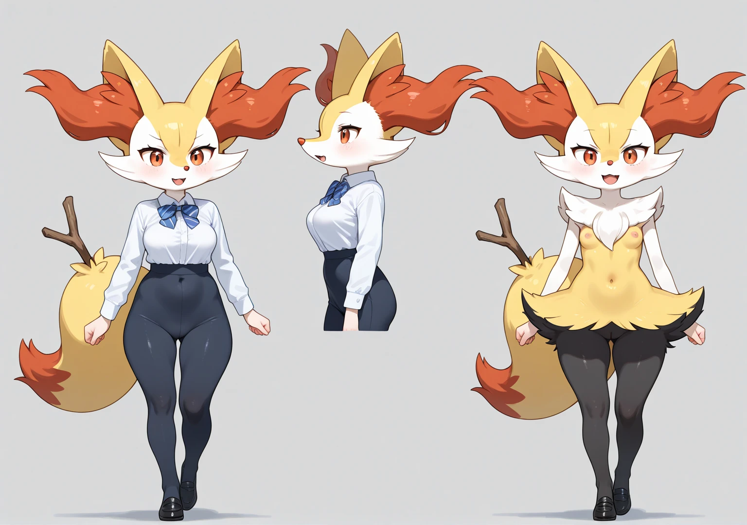 score_9,score_8_up,score_7_up, anthro female braixen, naked, nipples, vagina, full body commission, solo female, reference sheet, character design, front view, back view.