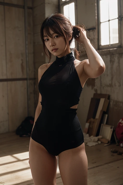 ((NSFW: 1.4)), ((Detailed face, Professional photography)), ((NSFW, zettai ryouiki, 1 girl)), Ultra-high resolution, (Realistic: 1.4), RAW Photos, highest quality, (PhotoRealistic Stick), concentrated, Soft Light, ((30 years old)), ((Japanese)), (( (Young Face))), (surface), (Depth of written boundary), masterpiece, (Realistic),A highly detailed, photorealistic digital painting in a masterful classical oil painting style, depicting a female swordswoman showcasing her intense martial arts skills in a dramatic arena setting. The composition is dynamic and powerful, with the swordswoman's movements captured in mid-action, her sword and body language exuding a sense of grace, strength, and focus. The arena environment is rendered with meticulous attention to detail, creating a sense of scale, depth, and atmosphere, with dramatic lighting and shadows accentuating the tension and intensity of the scene. The overall aesthetic is one of cinematic realism, blending technical mastery with a striking artistic vision.