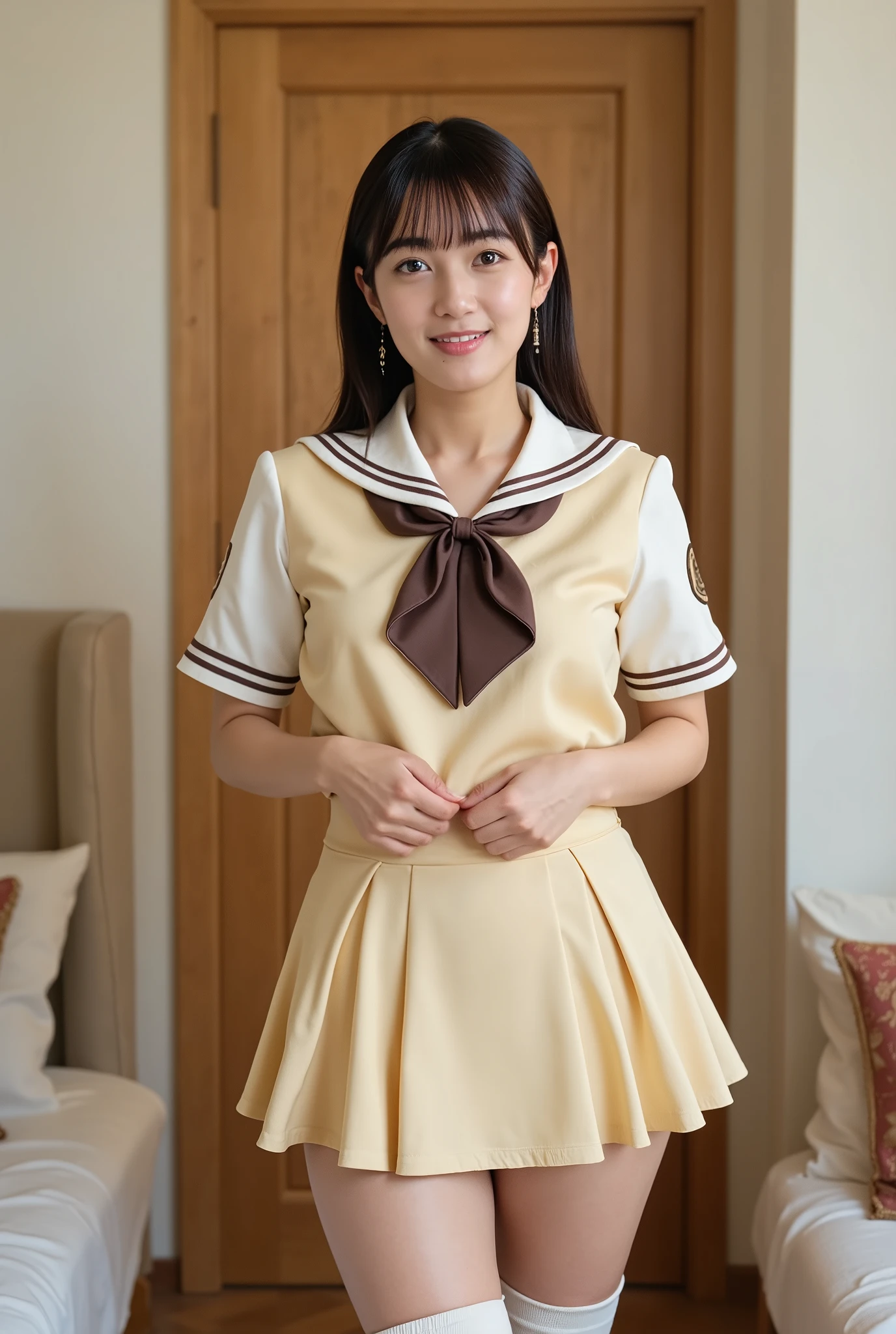 there is a woman that is standing in a room with a skirt, dressed as girl, lalisa manoban of blackpink, thighhighs and skirt, wearing honey - themed miniskirt, youtube video screenshot, wearing skirt, Lalisa Manobal, wearing skirt and high socks, small curvy loli, loli in dress,Pull one leg diagonally backwards, lightly bend the knee of the other leg, stretch your back, and say hello while holding the skirt with both hands、 with a smile、