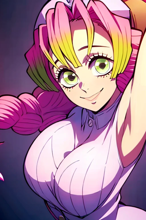 (masterpiece, best quality), intricate details,
MitsuriKanroji, kanroji mitsuri, 1girl, solo, long hair, winking, green eyes, pink hair, braid, green hair, twin braids, smile, cute smile, blushed smile, blush, blushing, large breast, huge breasts, bikini top, collarbone, neck, bare shoulders, pink bikini top, cleavage, top angle, shot from above, perfect shot, plain background, white background, photoshoot, complete head in frame, zoomed out, top of head, perfect shot, perfect framing, background