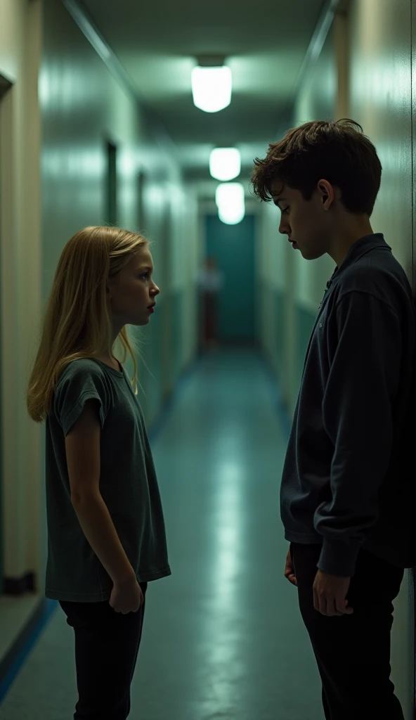 Boy and girl are close to each other, behind the girl is a shelf that goes up to the ceiling and she can't go back any further, Centimeters of space between them, Girl is blonde with long hair and green eyes, boy is blond with short hair and brown eyes, Boy has two backpacks in his hands his arms are at his sides, the two look at each other, apocalypse, Maze Runner, Boy looks like Thomas Brodie Sangster (Newt von Maze Runner), girl pretty, Maze runner klammotten, Background is a run down shop. Both are (()), romantic atmosphere, girl leans back against the shelf and supports herself with her hands,