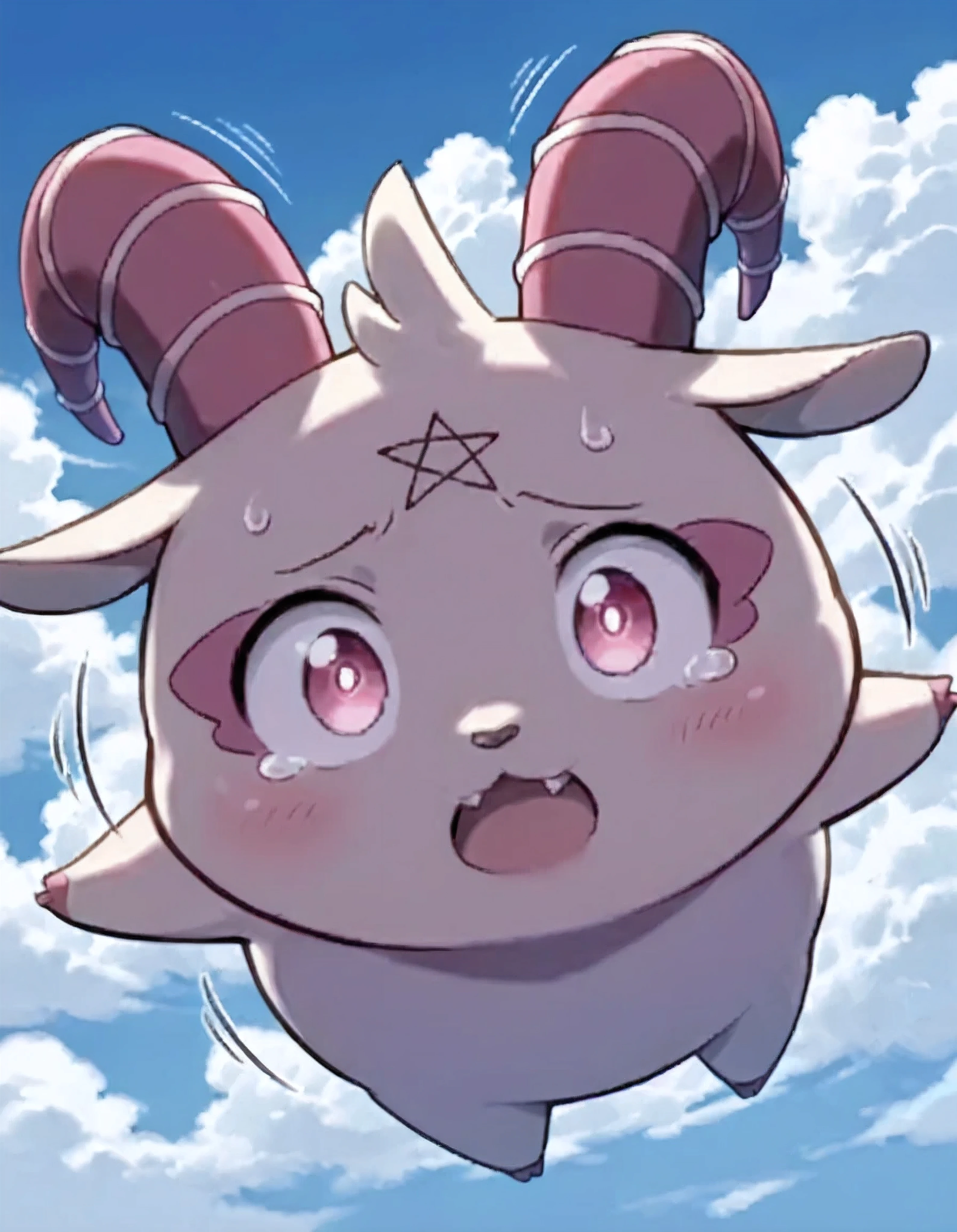 [Generate LoRa testing] - masterpiece, masterful, mythic, mythical, best quality, high quality, beautiful, anime, in fantasy dream, falling from the sky, clouds, clear sky, beautiful skies, falling steep, color, falling from sky, solo, female, chibi, GrimV25, chibi, small, curved horn, pentagram on forehead, large pupil, short_snout, scream, shaking, motion line, panicking, white_pupils, nightmare_falling \(reacting to the horror-scary dream\), overhead view shot, top view shot,