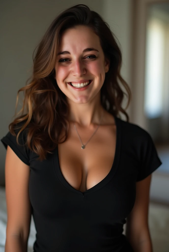 beautiful average looking woman, excited, laughing, small breasts, nice body, tight low cut black long sleeve top, pale skin, cleavage, ((leaning forward)), down blouse, (looking at the camera:1.4), (highest quality), (best shadow), intricate details, interior, brown hair:1.3, dark studio, muted colors, freckles, ((show full body)), wearing no panties