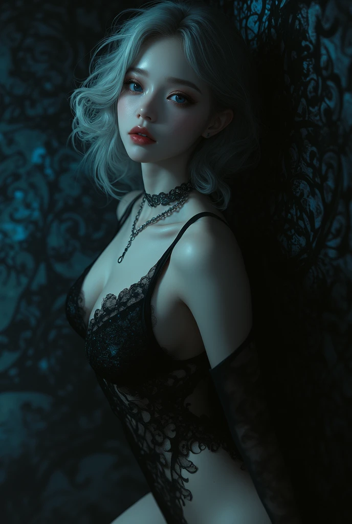(photorealism:1.2), Silver haired vampire in black lingerie with white lace trim