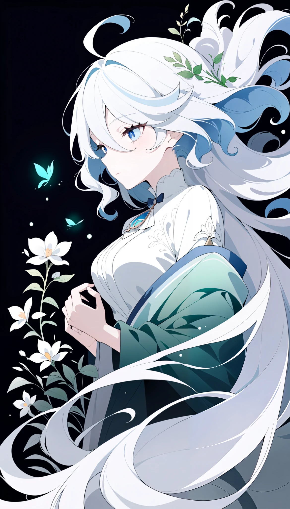 (Anime line drawing:1.5), (inverted colors:1.4), (negative space:1.6), minimalist, dark background, bright glowing lines. Furina from Genshin Impact, serene expression, graceful mask, flowing hair. Surround her with delicate glowing flowers, vines, and leaves. Add feng shui Wood element: emerald green light, soft jade accents, organic curves, tree rings, and blooming energy. Elegant, harmonious, high contrast, spiritual and nature-inspired.