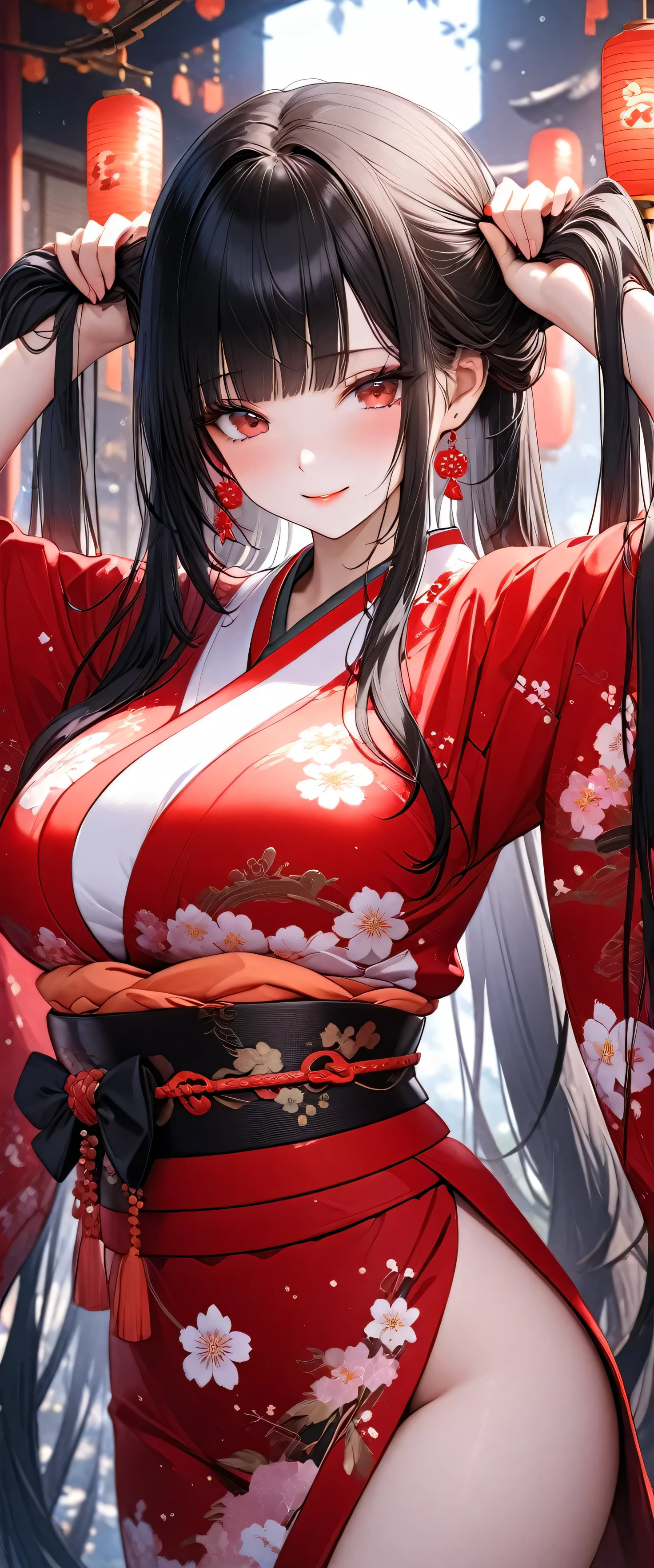 (beautiful girl: 1.3), 1girl ,masterpiece, Highest quality, Ultra-high resolution,rich contrast,super high quality,8k,Highly detailed CG unit wallpaper,texture,Unbelievably absurd,Ultra-high resolution,RAW Photos,Depth of Field 1.2,red eyes,(Beautiful and detailed kimono),blush,White skin,(black hair,blunt bangs,long hair),Beautiful glossy lips,mainnamebg,Background,bunching hair,big breasts,smile,wide in your pussy