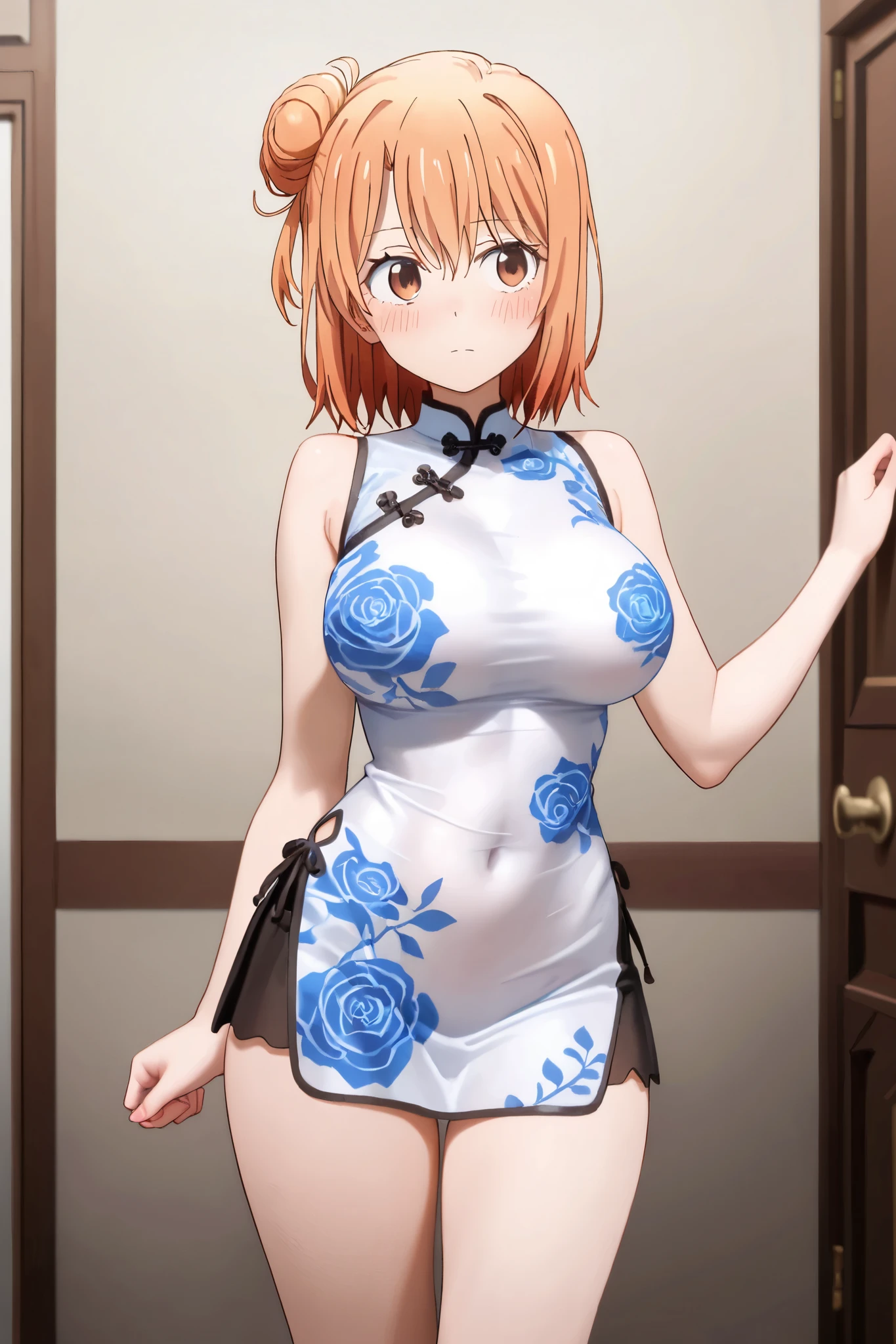 (highest quality, High resolution, perfect pixel, Depth of the bounds written, 4k), beautiful anime girl, beautiful art style,
looking at the viewer,
perfect body,
Yuigahama Yui, short hair, hair buns,
large breast,
(blush all over the face),shy,
in street,
(oekakizuki china dress), thighs,
from above, upper eyes,