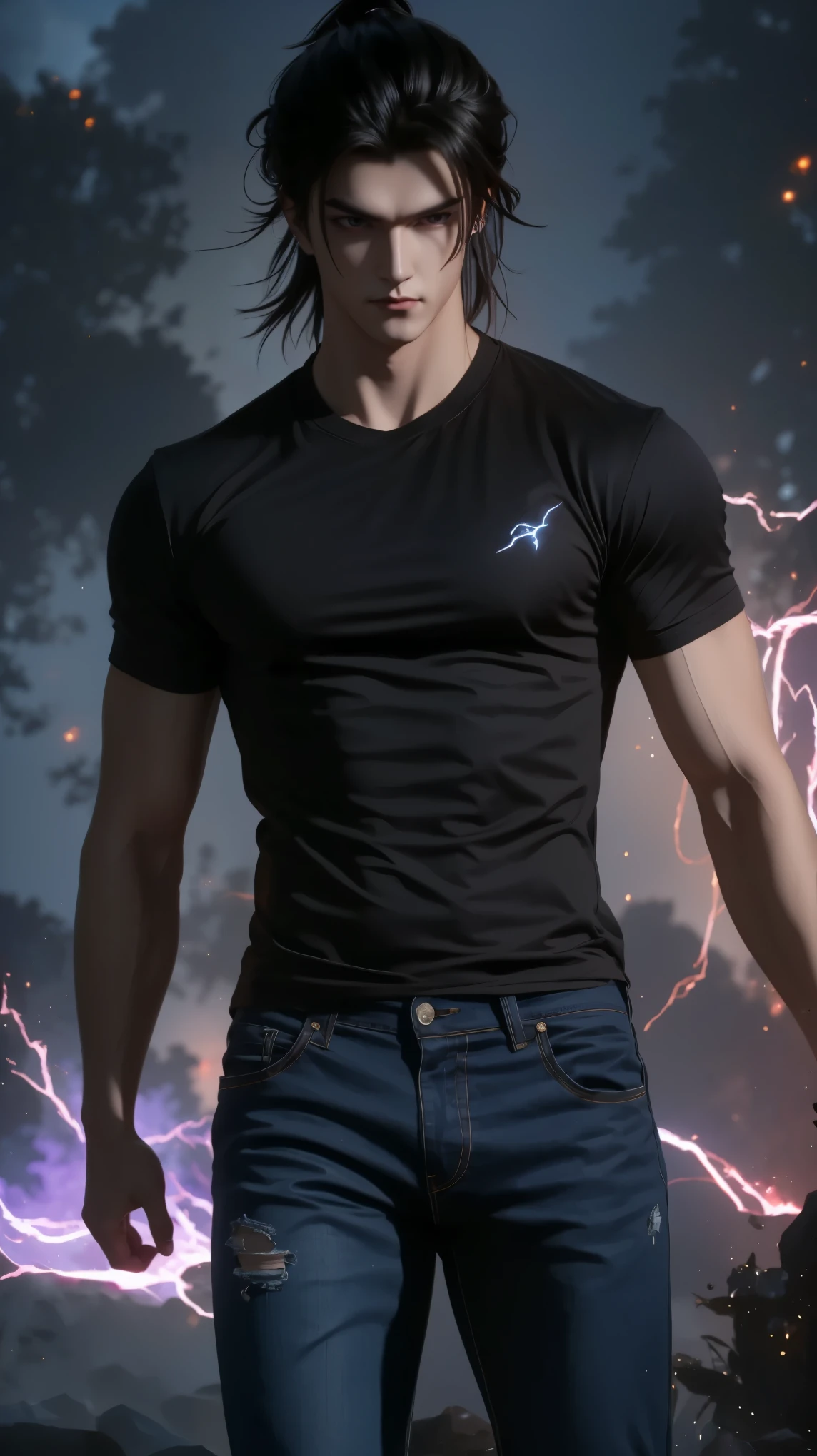 Create an ultra-detailed digital artwork of Sung Jin Woo from "Solo Leveling" in his casual outfit. He is wearing a simple black t-shirt and dark fitted jeans, standing confidently with hands in his pockets. His eyes glow with a faint violet light, and dark shadowy energy swirls subtly around him. Behind him, a massive shadow army looms—figures like Beru, Igris, and Tusk—shrouded in mist and darkness, with glowing blue and purple eyes. The background is an ominous battlefield with dark clouds and crackling purple lightning in the sky, adding a dramatic and powerful atmosphere. Shadows rise from the ground, blending seamlessly into his silhouette. The art style is dark fantasy, hyper-realistic anime, with dynamic lighting and strong contrast. Perfect for a desktop or mobile wallpaper in ultra HD resolution.