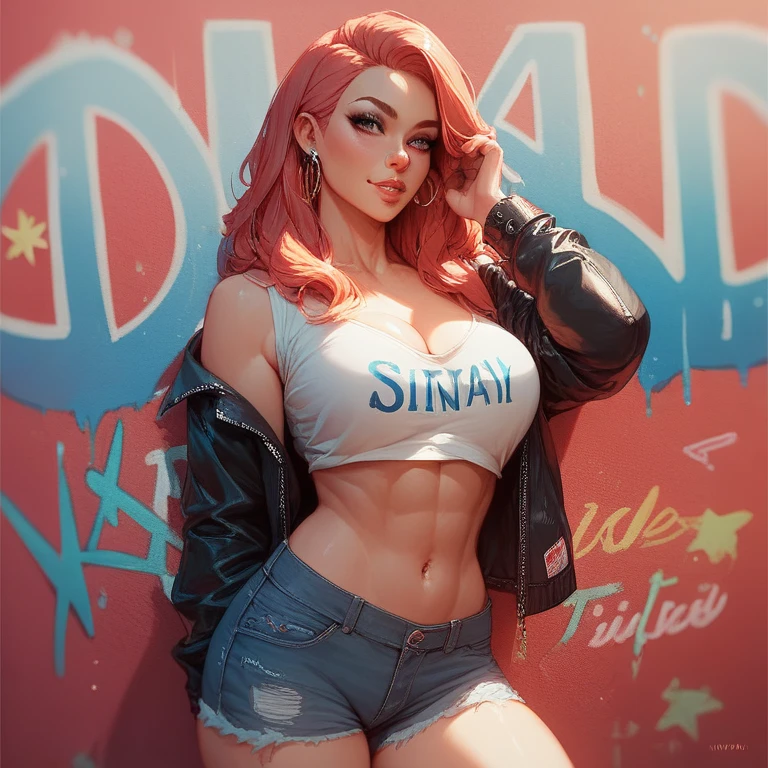 Masterpiece, Best Quality, 1Girl, Female Soldier Solo, opem Cropped Top, Denim shorts pulled dowm, Choker, (graffiti:1.5), paint splatter, arms behind back, against wall, looking up at viewer, wristband, thigh strap, Paint on the body, head tilt, multicoloured hair, aqua eyes, Headsets, nsfw, mostly nude, flash tits, flash pussy, bbw, voluptuons, plus size model