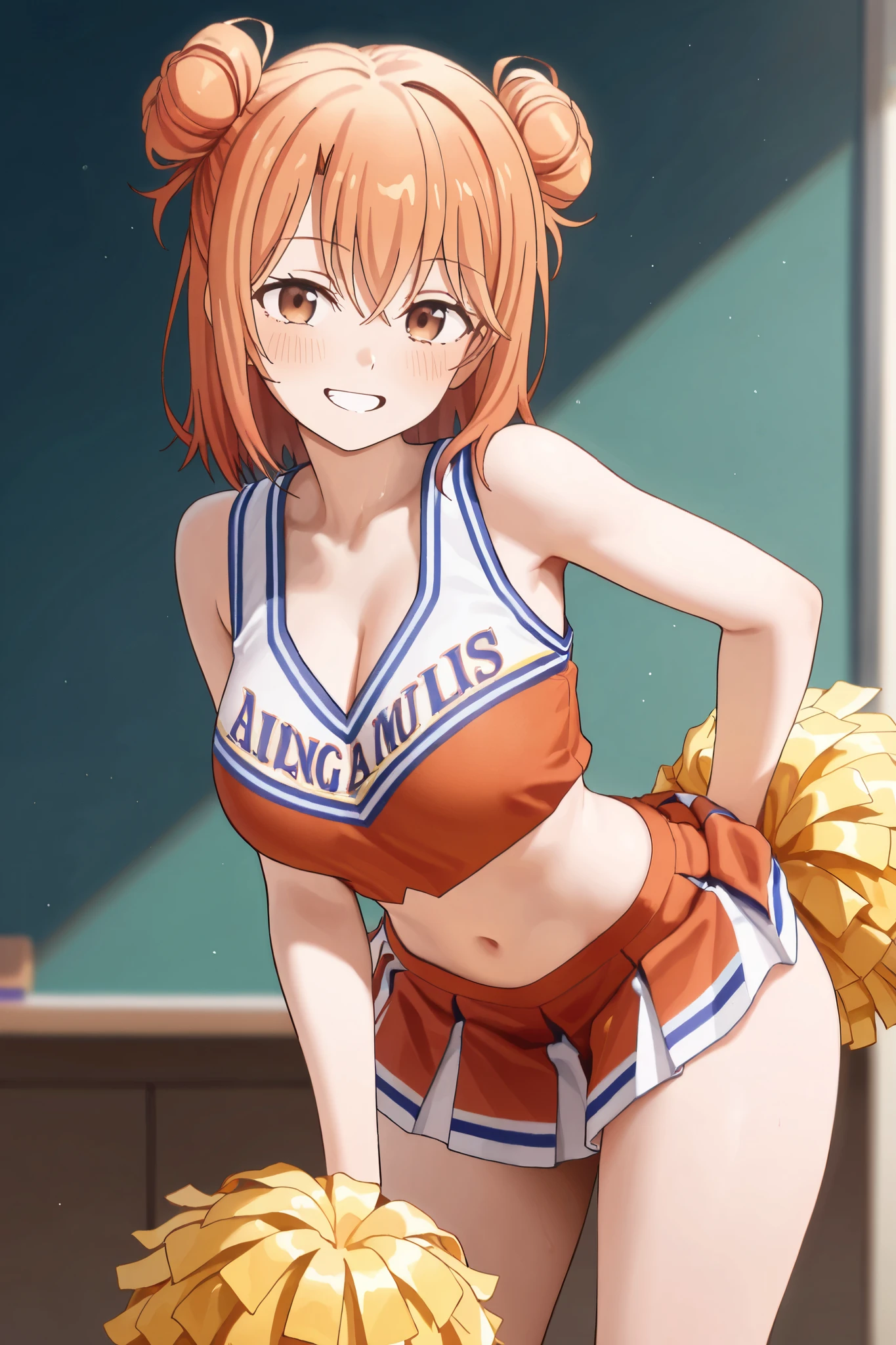 Nishikino maki, smile, cheerleader , strapless,midriff, cowboy shot,big breasts, cleavage, crotch, (skirt lift up),wet pussy