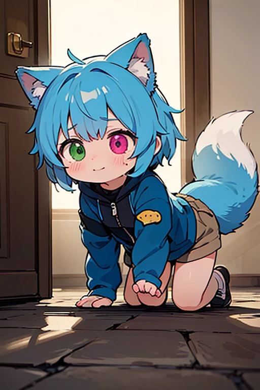 In an artful composition reminiscent of an anime drawing, a playful scene unfolds. A resplendent blue wolf, clad in a military-style camouflage shirt, stands prominently in the foreground, capturing attention with its unique fashion sense. To the left, a captivating cartoon depiction of a cat with blue hair and blue eyes adds a fantastical element to the setting, intriguing the viewer with a touch of whimsy. The carefully drawn image showcases intricate details, such as a blue and white hood capturing the essence of urban fashion, and a paw with pink spots, playfully creating a sense of individuality. The overall composition sparks curiosity and invites further exploration., <lora:omaneko:0.8>,omaneku