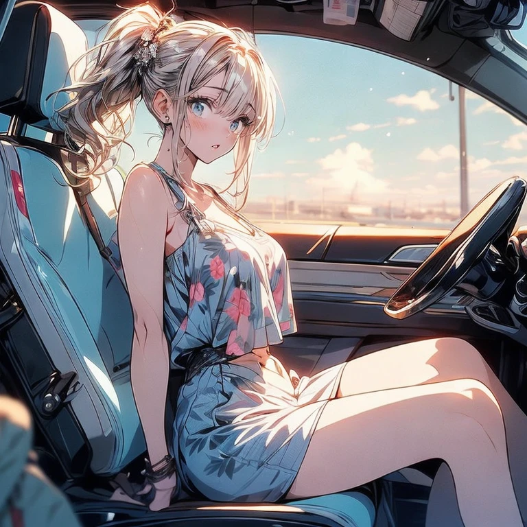 A girl with long pink hair, white slip dress, delicate face, thin waist, slender legs, milky skin, sexy, clear cleavage, co-pilot