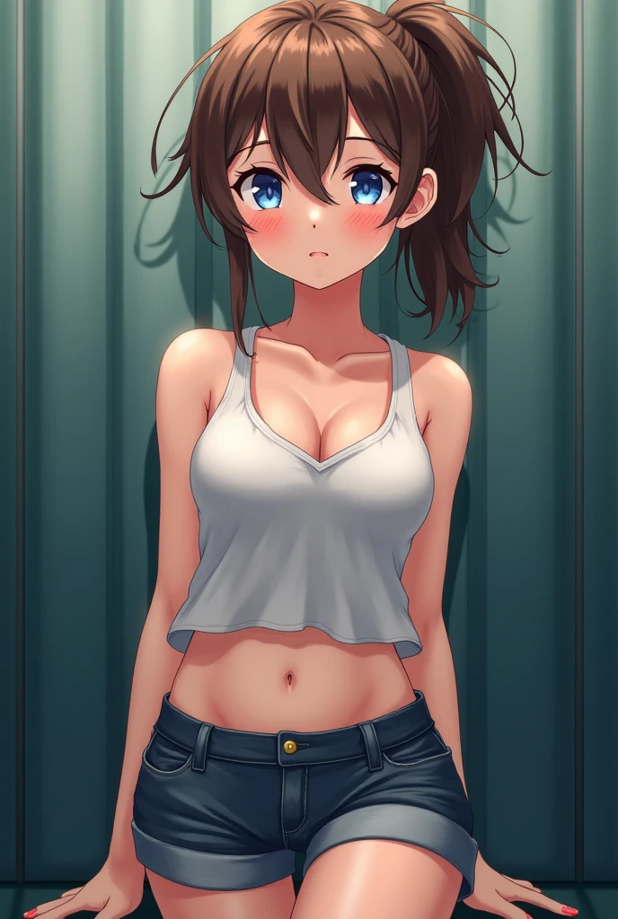 (extremely detailed CG 8k wallpaper, masterpiece, Best quality, ultra detailed), (Better lighting, best shadow), 21-year-old girl, in a white top and shorts, deep neckline, hands cover nipples and lift top up, the average breast is visible, Flare, (very detailed skin: 1.2), small nipples appear, medium brown flowing hair with lights, grey-blue eyes