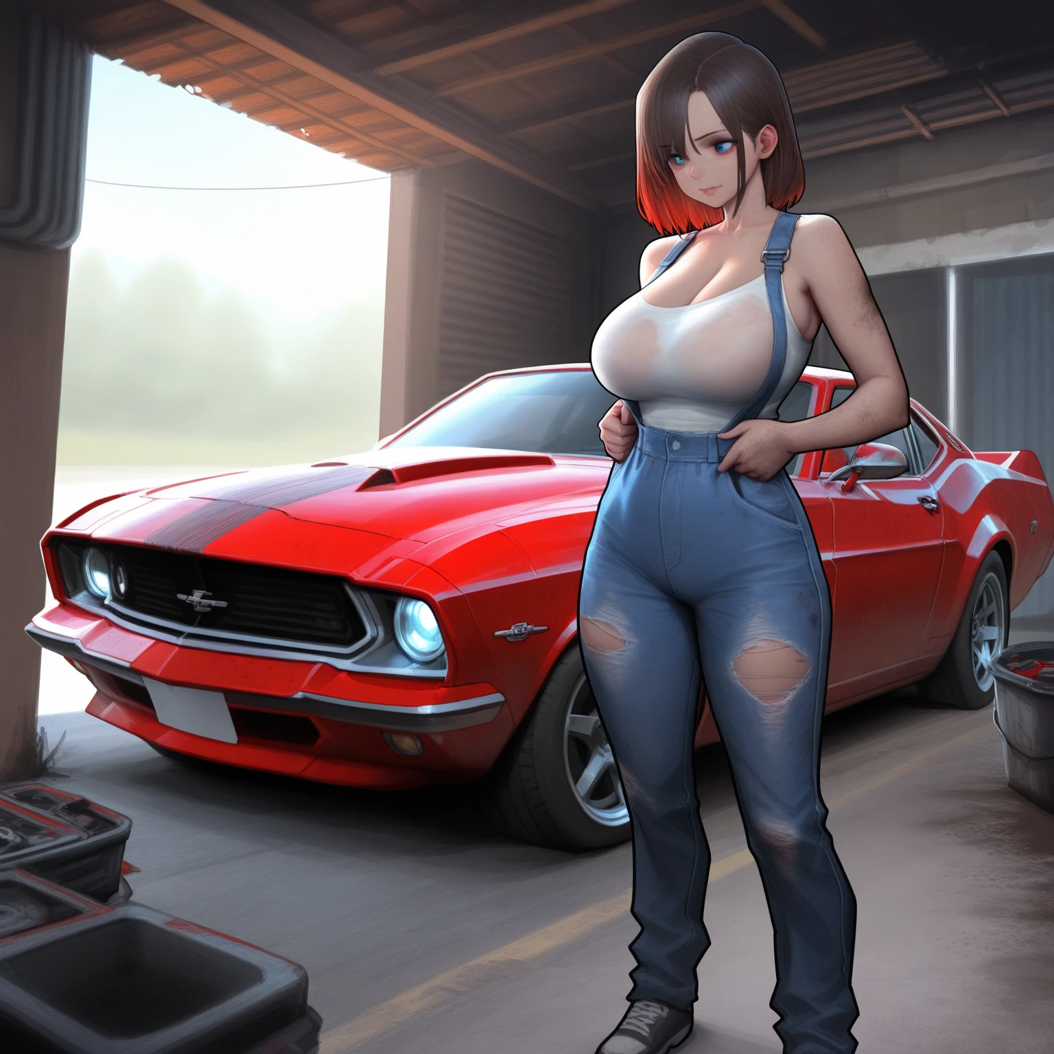 2girls, female mechanic, white tank top, denim mini skirt, casual pose, standing, full body shot tight outfit, boots, midriff, seductive, mechanical workshop in background, classic car, oil smears, dirty