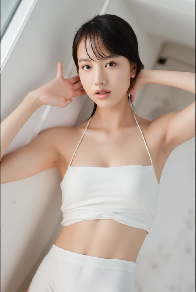 8K、High resolution、masterpiece、realistic、In detail、fine texture、bright natural light、high contrast、alone、high school girl、natural body shape、white skin、natural makeup、black hair、bangs、straight long hair、Moist eyes、(((white leotard)))、big breasts、school classroom、Face the front and look at the camera、showing armpits、focus on armpits、((close up of face))、((large amount of armpit sweat))、portrait from head to chest、smile