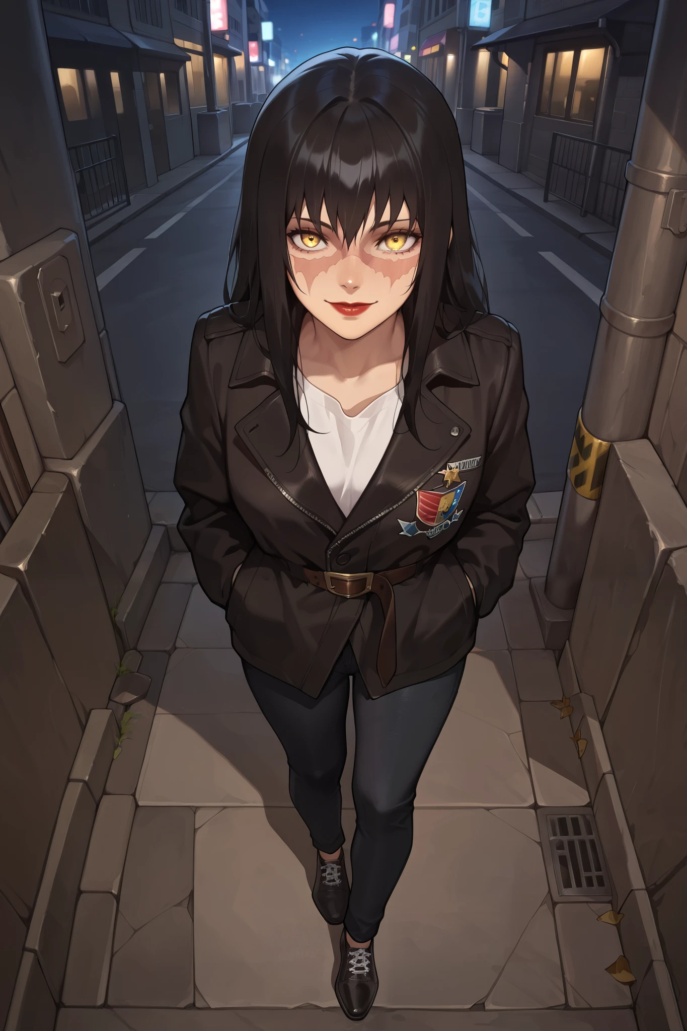 masterpiece, best quality, amazing quality, newest, very aesthetic, 1girl, an intense, evocative portrait from (attack on titan) art-style,high detail,neon white long hair,dragon eyes,yellow eyes,face scar,red lips,brown jaket,white shirt,black jeans,smile,looking at viewer,full body,view from above,close-up a little bit,street background:1.2,night time