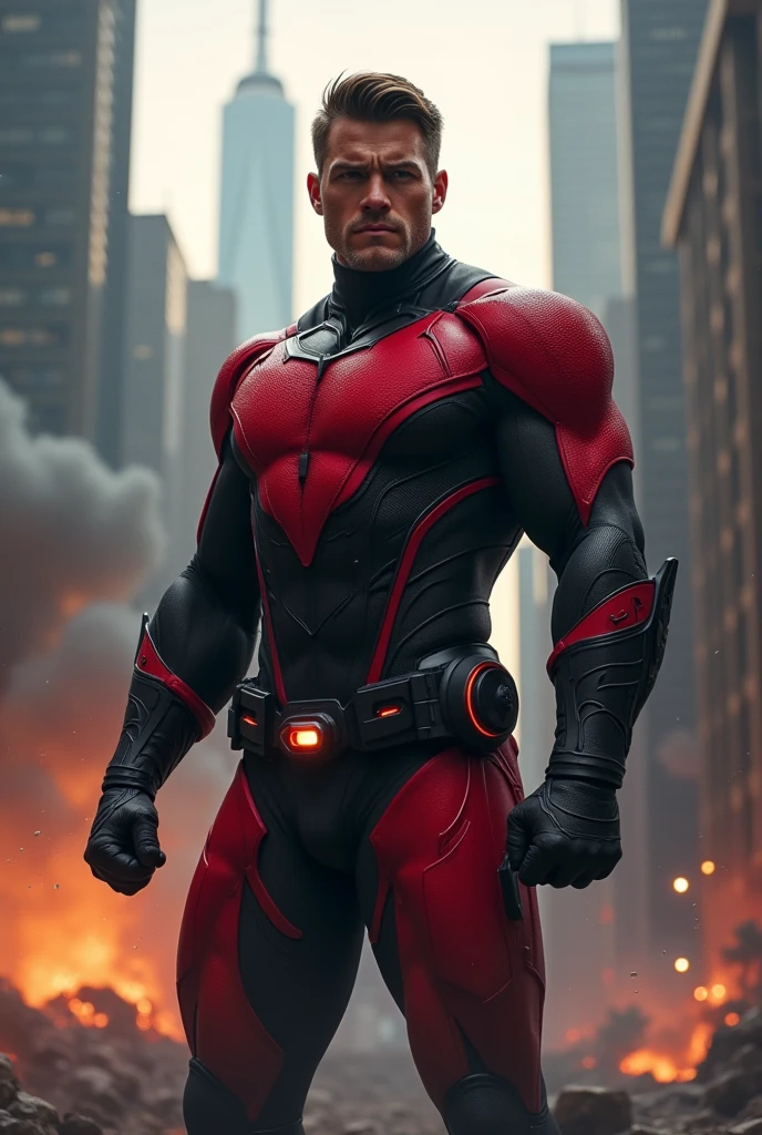 An award-winning original photo，A wild muscular man, (30 years old daddy:1.3), 1boy, Solo, (wearing a (red lantern) metal suit), hazel hair, (big shoulder), muscular, stubbles, Short beard, (Detailed face:1.3), (beautiful eyes:1.2), really rage, Dynamic Angle, volumetric lighting, (Best quality, A high resolution, Photorealistic), Cinematic lighting, Masterpiece, RAW photo, Intricate details, hdr, depth of field, upper body shot,