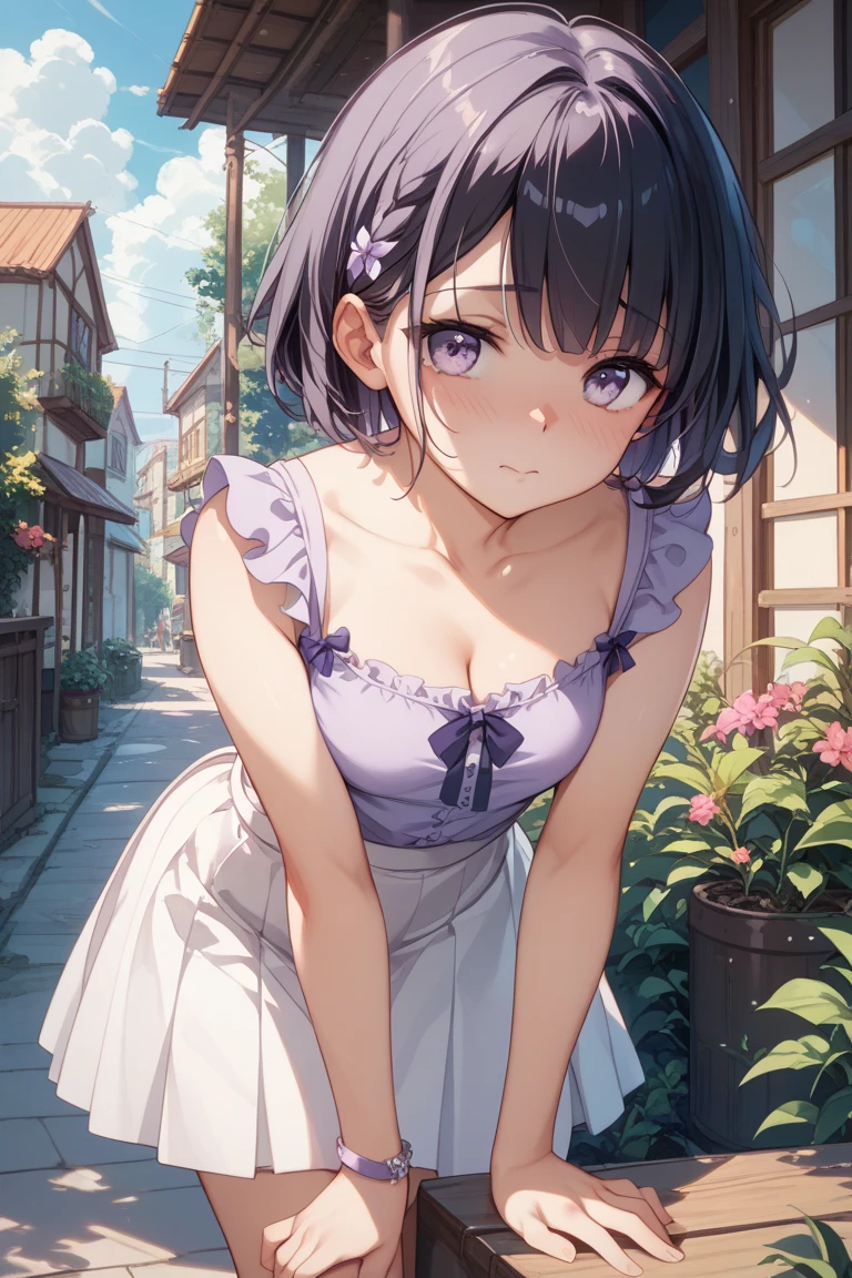 4K, (work of art), highest quallity, 2d, ((rebeld girl)), (teenage anime girl), holding a flower, summer dress, selfie, short hair with long bangs, heterochromatic eyes, ssmile, full height, clean eyes, black eyelash, (intrincado detalhado), dramatic, makoto shinkai, purple eyes, in your room, aniversary