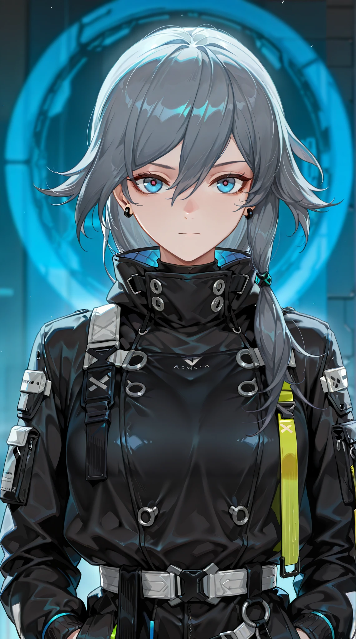 by [arknights|(748cmstyle:0.5)], mature, young adult, masterpiece, best quality, amazing quality, very aesthetic, high resolution, ultra-detailed, absurdres,
1girl, woman, solo, alone,(dynamic pose, looking at viewer, upper body focus, three quarter view, close-up:1.2), FuHua, Fol004, Fh_Tai, fu hua, blue eyes, long hair, grey hair, techwear, closed mouth, veiled expression, aloof, belts, hands in pockets, piercing eyes, mantra background,
BREAK, depth of field, volumetric lighting
 