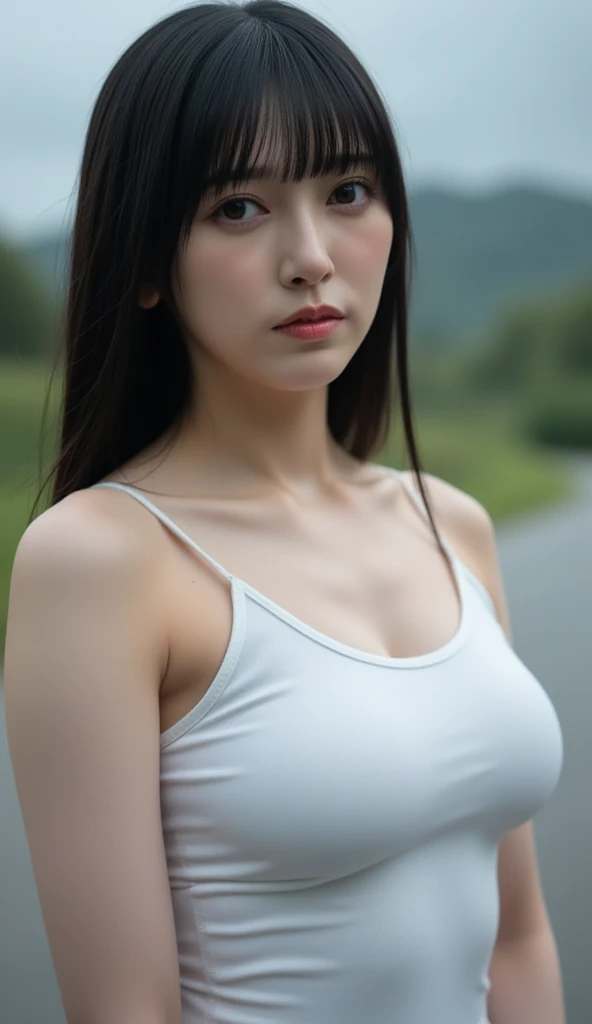 1girl, woman, masterpiece, best quality, highest quality, Cinematic lighting, (Front lighting), extremely detailed CG unity 8k wallpaper, focused, 8k wallpaper, extremely detailed, ultra realistic, photorealistic, sharp focus, absurdres, (HDR:1.2), (high contrast), photograph, detailed and intricate, instagram, portrait, highly detailed, digital painting, smooth, sharp focus, illustration, cinematic lighting, (Natural big breast), eyes looking at the viewer, ((medium shoulder)), (show thighs), (slender body), (((height 163cm))), (HQ skin:1.4, Realistic human body structure), (medium body shot, hips level shot), (Aerial shot photo), (Knit strap tanktop, black short skirt), (pale skin).