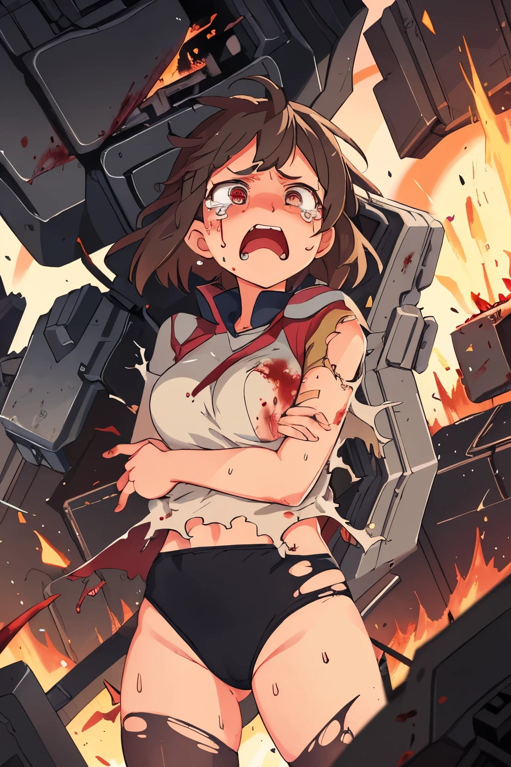 cockpit_explosion, fire, electricity, screaming, explosion, science fiction, wide-eyed, tearing clothes, standing, blood, scared, sweat, crying, mecha, torn clothes, tears, cockpit,1girl、wearing black gymnastics bloomers,high leg,white blouse,cowboy shot