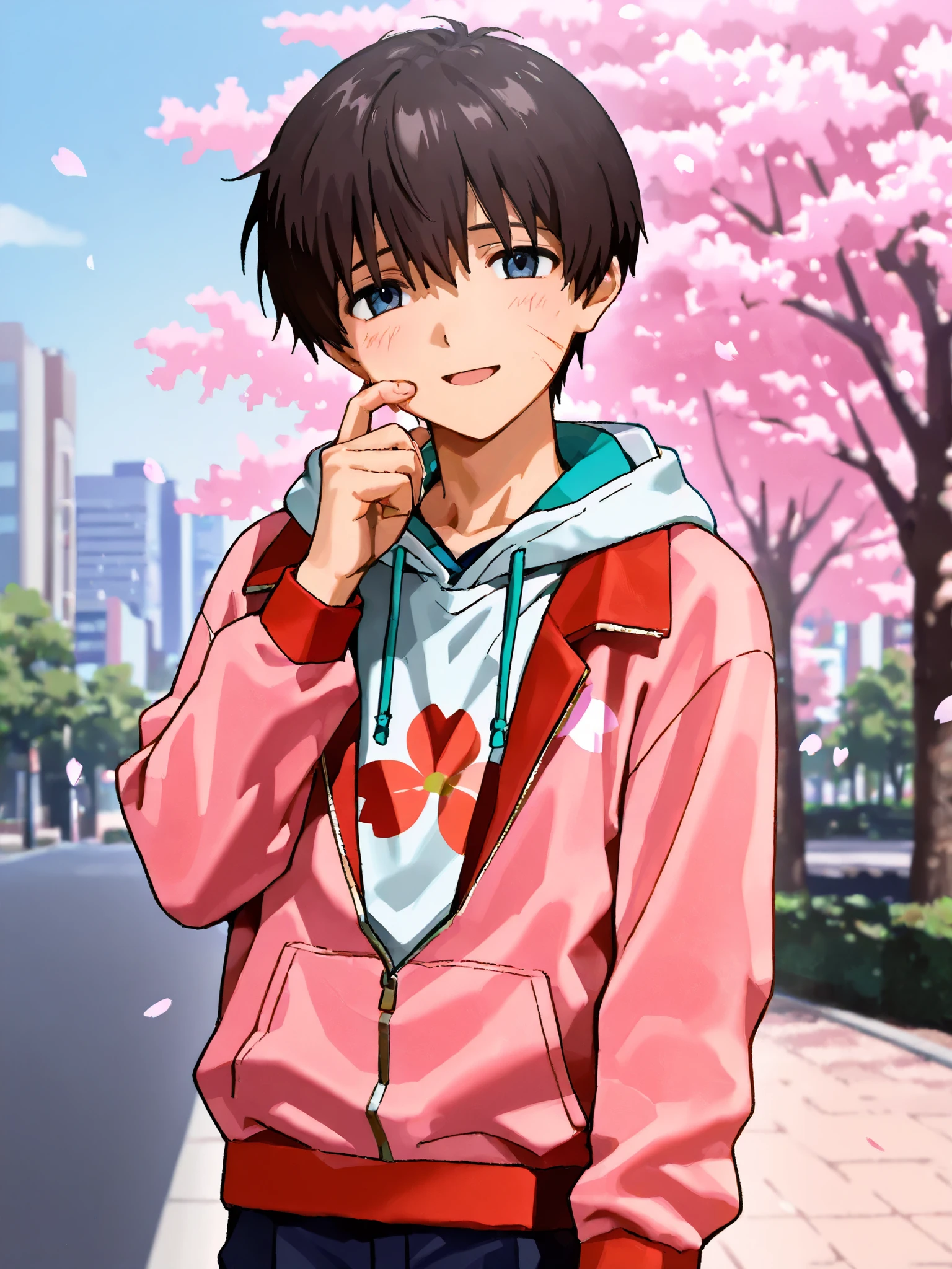 He raises one hand and scratches his cheek with his finger. ((masterpiece)), top quality, (1boy:1.4), solo, ikarishinji, Close your eyes and make a troubled expression. half open mouth, pink sakura printed hoodie, male focus, looking at viewer, shy, light smile, city park road, cherry blossoms, cowboy shot, (from side front view),