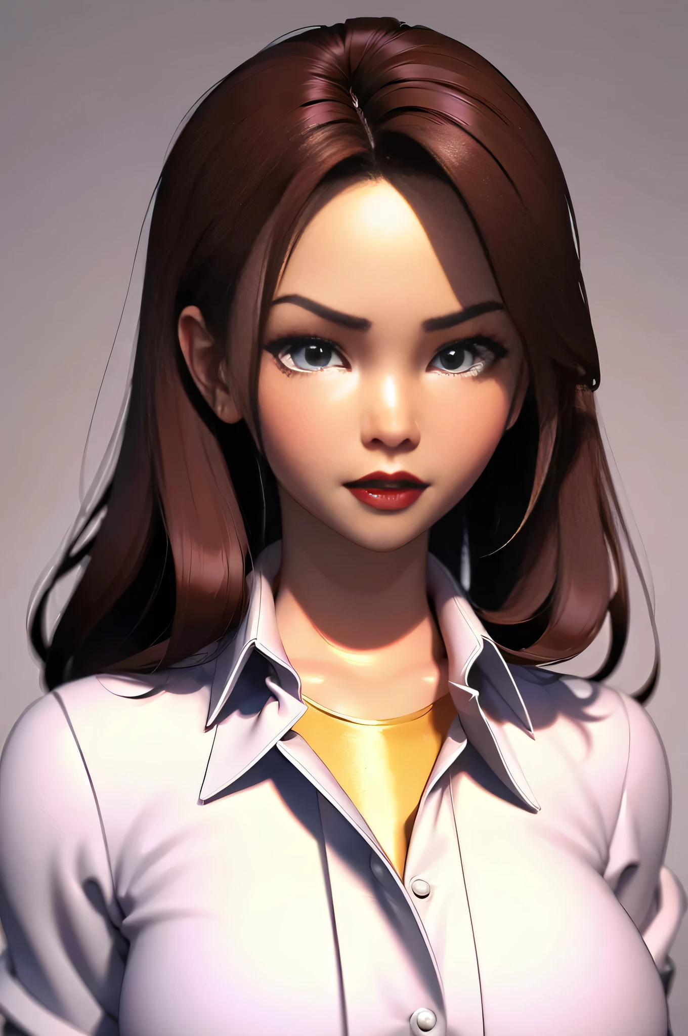 simple background, perfect face, slick back hair, black straight hair, thin eyebrows, black eyebrows, big eyes, brown eyes, thick lipstick, beautiful woman, white shirt collar johnny