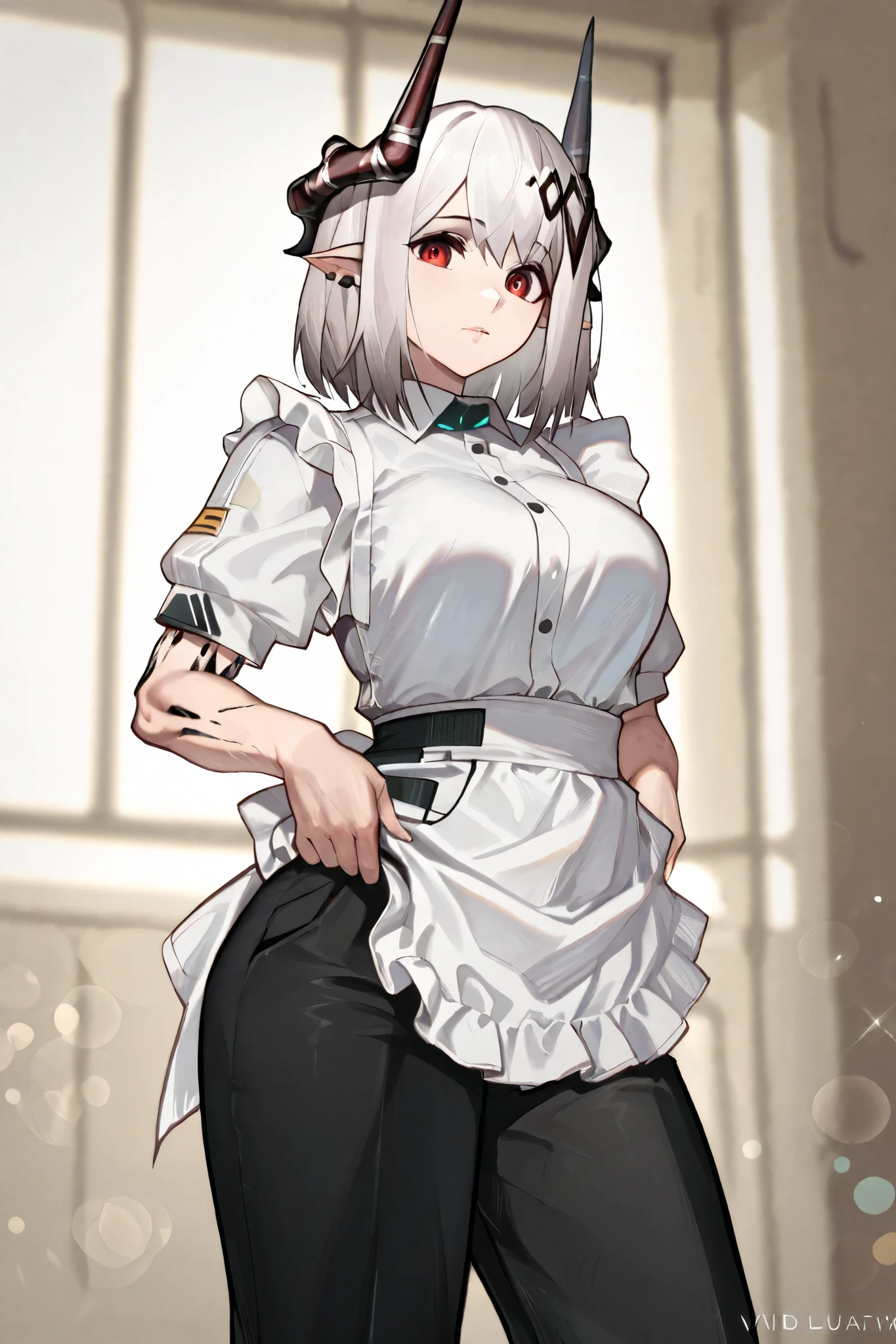 {{super detail, best quality, anatomically correct, textured skin, high quality, high details, highres, masterpiece, best quality}}, 1girl, solo, mudrock \(arknights\), short hair, silver hair, horns, pointy ears, yellow eyes, white shirt, black pants, dressed in a white balck and gray maid outfit, maid dress oufit, white scales on arms, knives on hips, (solo:1.1), (mature woman:1.2),(detailed eyes), symmetric eyes, (thin lips), athletic, (beautiful round breasts), voluptuous body, toned, slim waist, (masterpiece, best qualty), soft ambient lighting, standing, front view, vivid colors, looking at the viewer, slim waist, HD, 8K, vivid colors, intricate, (absurdres:1.2), bokeh, (sharp focus) ((detailed face)), facial details, (pov thighs), poised in a way that suggests readiness for action, posture conveys a sense of tension and impending action, dynamic pose, dynamic angle, BREAK background is simple and muted, with a gradient effect and soft, neutral tones.