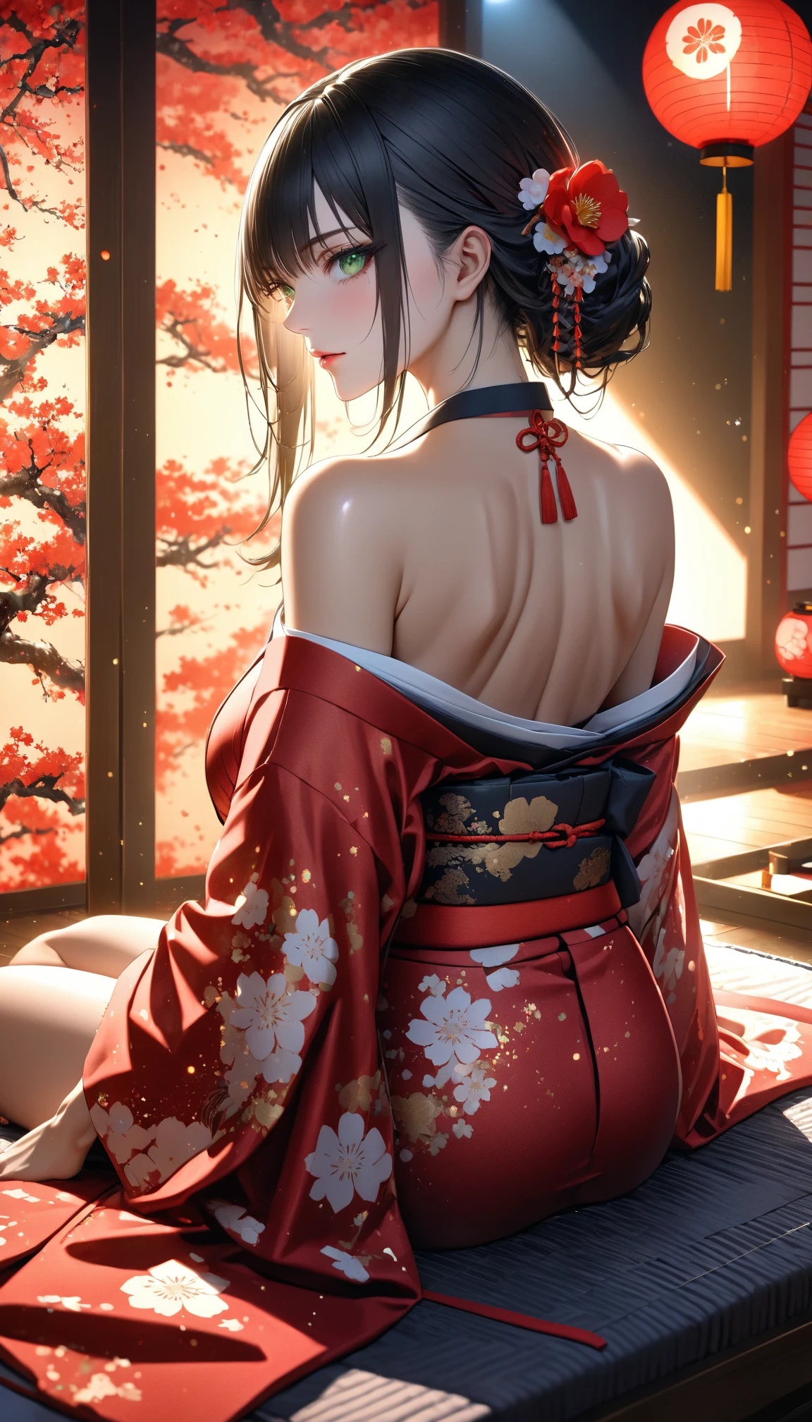 Sexy back, Attractive woman in traditional Japanese kimono, alone, Strapless off-shoulder kimono, Dark brownish black hair, Detailed and realistic skin texture, High contrast attractive skin tones, Captivating soft make-up, BREAK Luxury Japanese Kimono, Detailed silk texture, Silk luster, Fine and supple, Vibrant colors, Skin tension that accentuates cleavage, BREAK Gorgeous patterns on kimonos, Detailed and intricate coloring, Aesthetic high contrast, Healthy Skin, BREAK A bold composition that seduces the viewer, Absurd aesthetics, BREAK Full Body Shot,