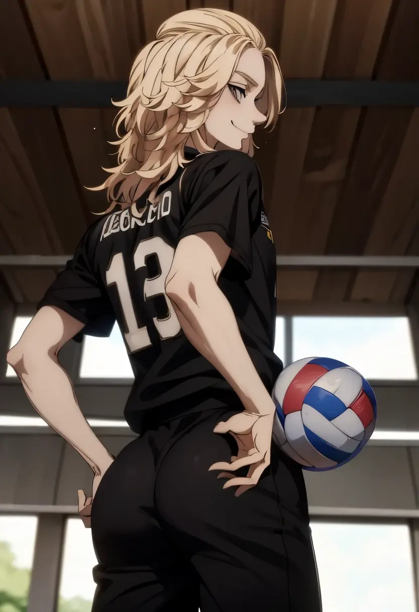 MikMikey,1st grade, male, Foco masculino,blonde hair,medium hair,olhos negros,olhos vazios, corpo inteiro,smile, (volleyball uniform: 1.2), rear view, shows ass, butt