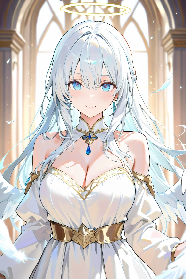 long hair, white hair, golden eyes, 1girl, head, face, portrait, princess, absurdres, masterpiece, best quality, long dress, gown, cape, (castle background), intricate, elegant, crown, diadem, royal