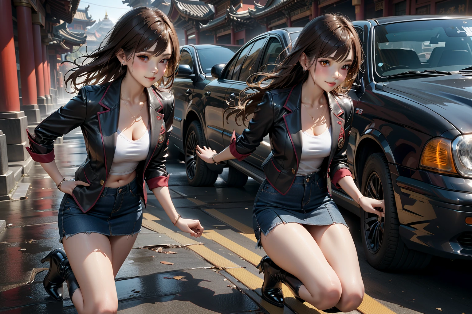 Buatlah satu gambar wanita dari karakter tifa ff7 advance childrent dengan payudara yang besar dan pinggul yang besar dengan pose sexy, buatlah serealistis mungkin dengan background kota Tokyo yng moderen dengan suasana tengah hari cerah --auto