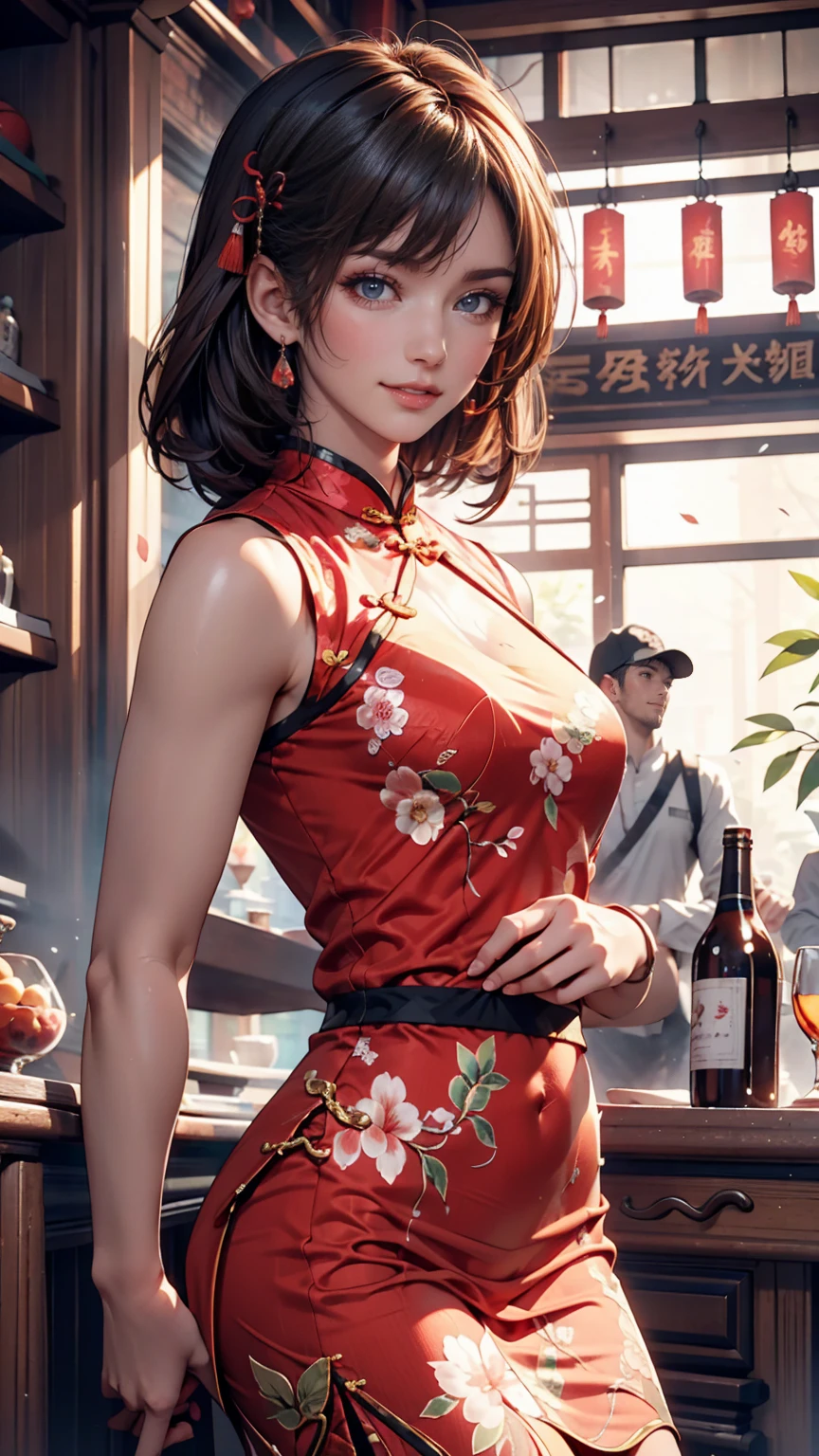 (8K, RAW photos, best quality, masterpiece:1.2), (realistic, photo-realistic:1.3)、((1 woman)), A 20-year-old Japanese woman with a beautiful face. clean and white skin, hair is gray、Eye color is dark blue, laugh, high definition face, Curly short hair, (((A tight black cheongsam))), Off-Solder, (((Emphasis on hips from behind))), blue and white porcelain，exquisite patterns，Oriental elements, clean colors,white background, soft lighting, glowing skin, photometry, (((slim body))), vivid colors, 