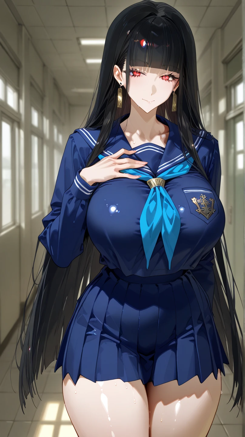 (height difference: 1.5), (size difference: 1.3), (a miniature woman under the breasts of a tall woman), (a giantess towering over a miniature woman), (a giantess looking down at a miniature woman), serafuku, cleavage, tall skinny, school background, closeup breasts and face