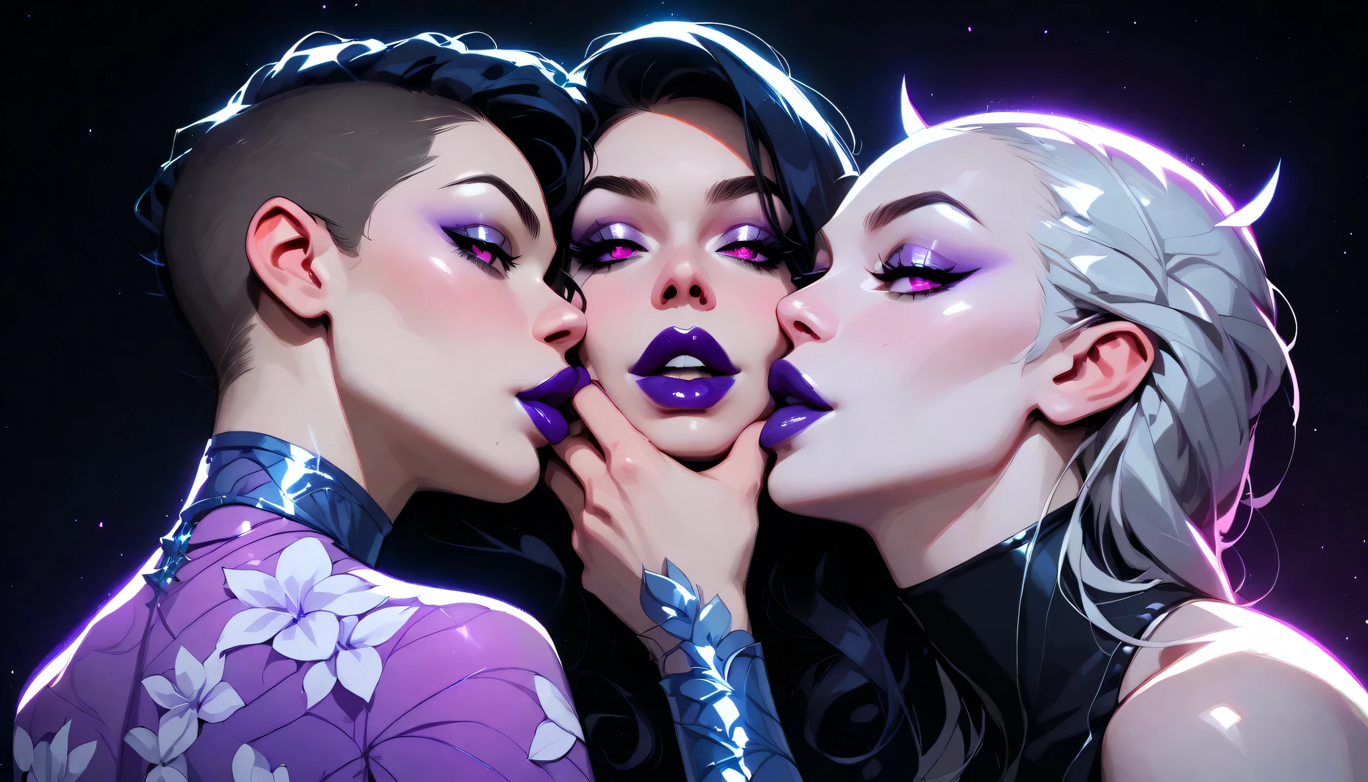 Seductive blacklight creature. be half angel, half devil. Intricate floral skin. Flawless appearance. dnd character. dnd. ((Imminent POV kiss with ass visible)), Seductive Big Lips, ((Eye Focus, Breast Focus, Lip Focus)), glowing