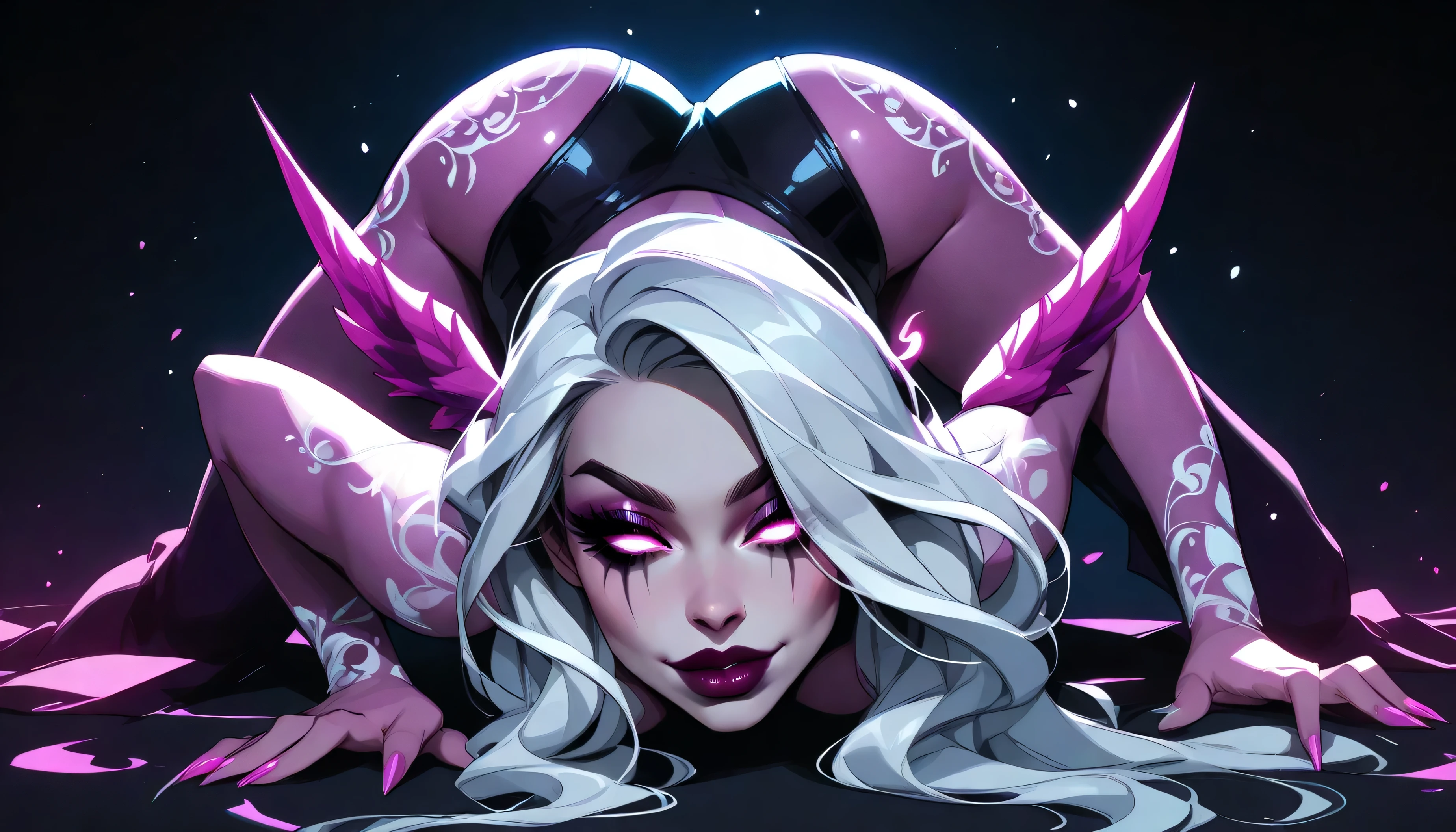 Seductive creature. be half angel, half devil. Intricate floral skin. Flawless appearance. dnd character. dnd. ((face close up, face down ass up)), Seductive big lips, ((Eye Focus, Breast Focus, lip Focus))
