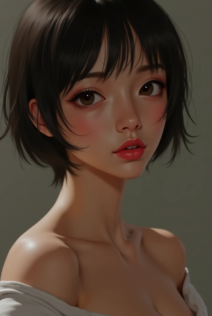 young adult woman, short girl short hair male style, small eyes full cheeks big cheeks make her face more masculine person a little bit fatter