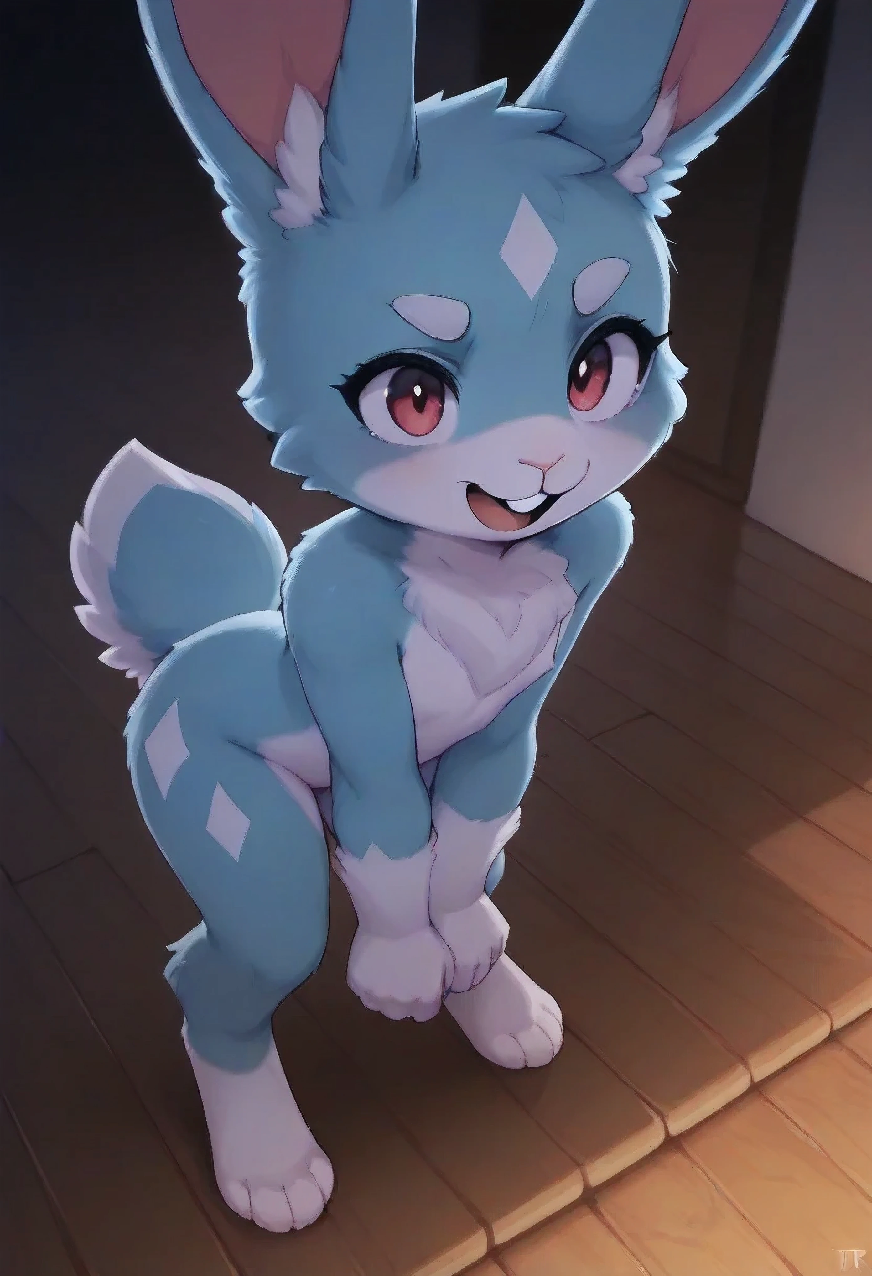 masterpiece quality, masterful, mythical, beautiful, dark room, wooden plank_floor, indoor, solo, KuroRabbi, male, rabbit, anthro, DTkr, furs, buckteeth, standing, slender, blue fur,
